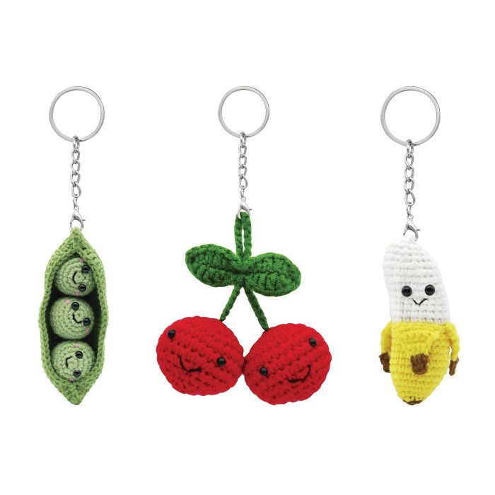 DIY Crochet Bag Charms Kit - Make Your Own Fruit Keychains (Cherries, Banana, Peas) - Perfect for Backpacks, Purses & Gift Making