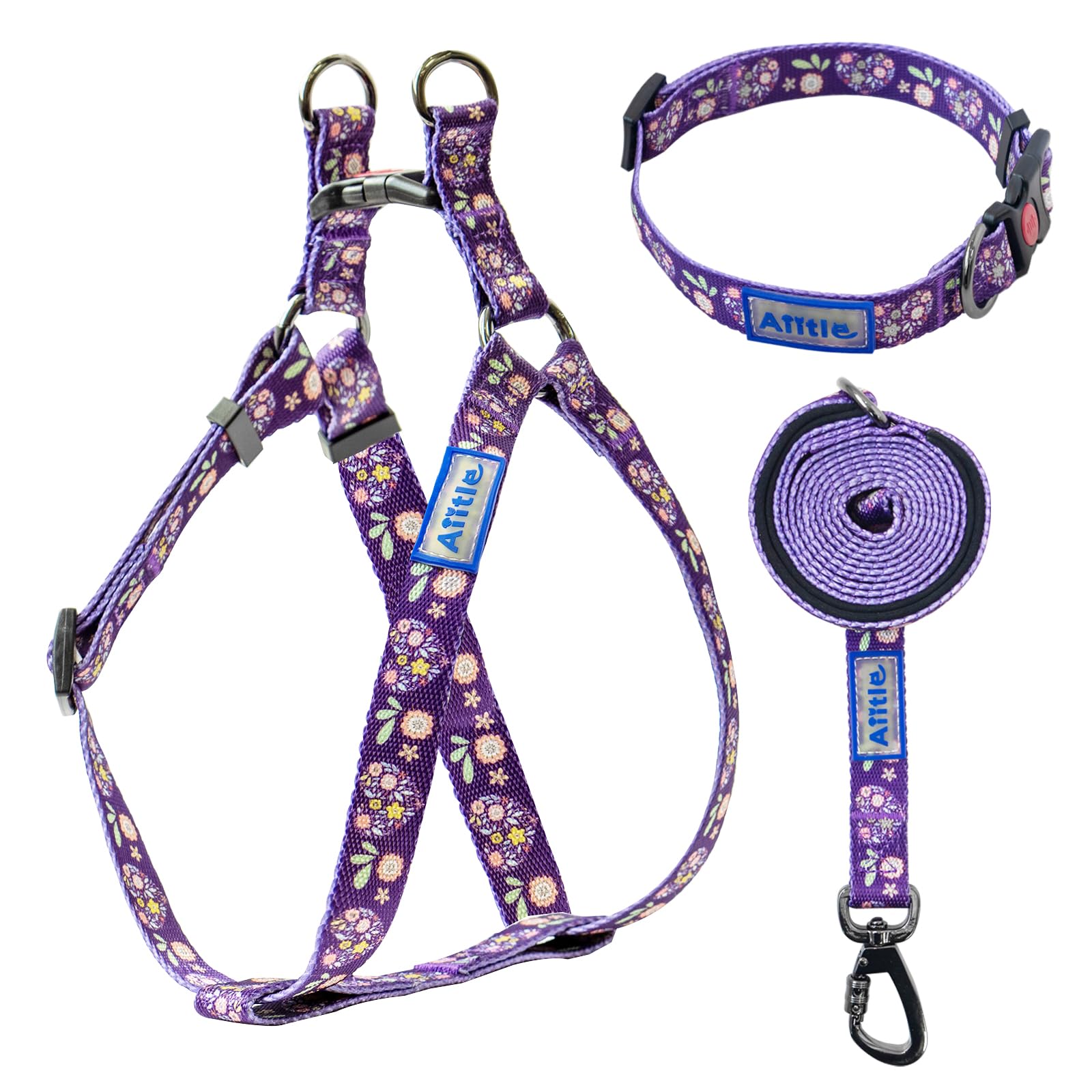 AIITLE Adjustable Dog Harness Collar Leash Set - No Pull Pet Training Gear with Floral Print, Heavy Duty Leash & Sturdy Buckle for Small Dogs - Purple Flower Design - Perfect for Walking, Hiking & Outdoor Adventures