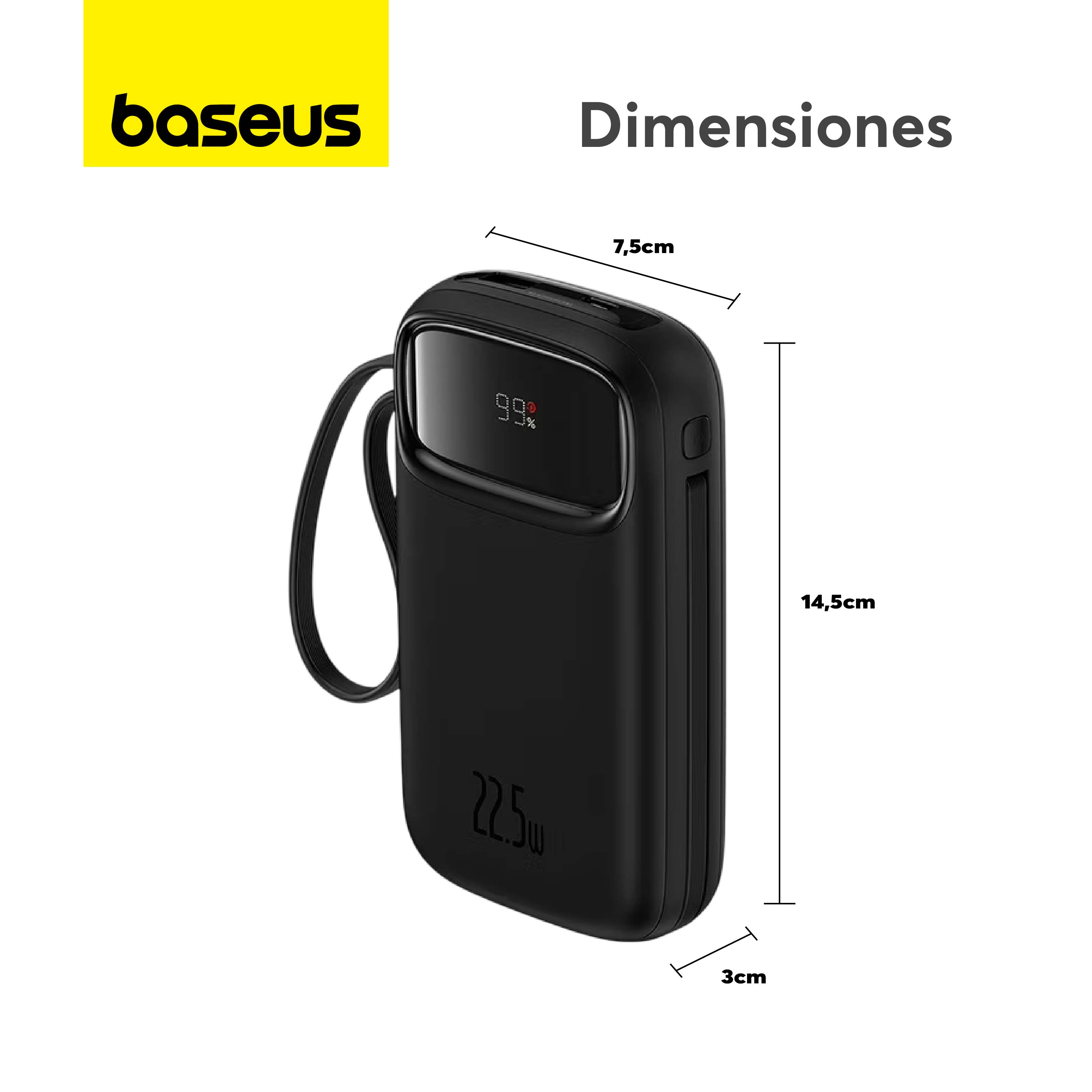 Baseus Qpow2 20000mAh Power Bank with Digital Display - 22.5W Fast Charging Portable Charger with Built-in Lightning & Type C Cables (Black) - Perfect for Travel, Camping & Emergency Power Backup