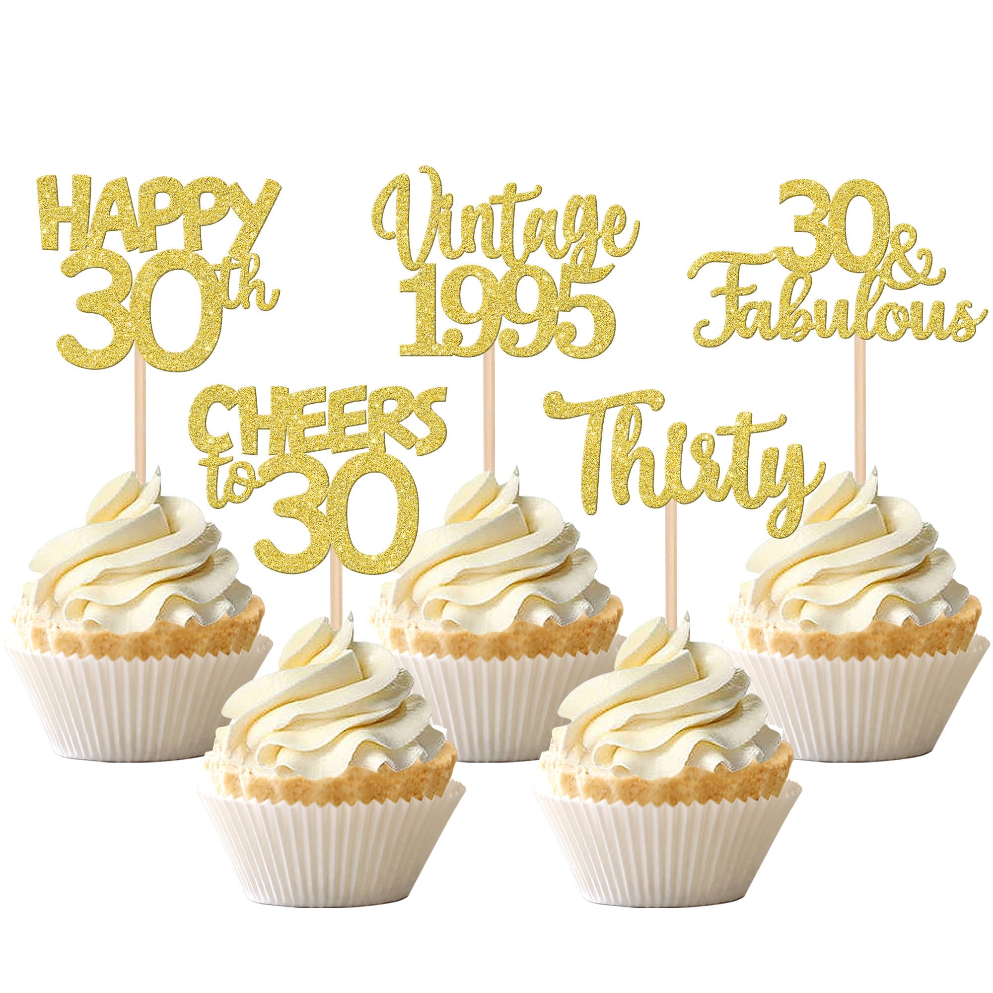 30PCS Vintage 1995 Gold Glitter Cupcake Toppers - Happy 30th Birthday Cake Decorations for Anniversary, Wedding & Party Supplies - Perfect for 30th Birthday Celebrations, Milestone Parties & Cake Decorating