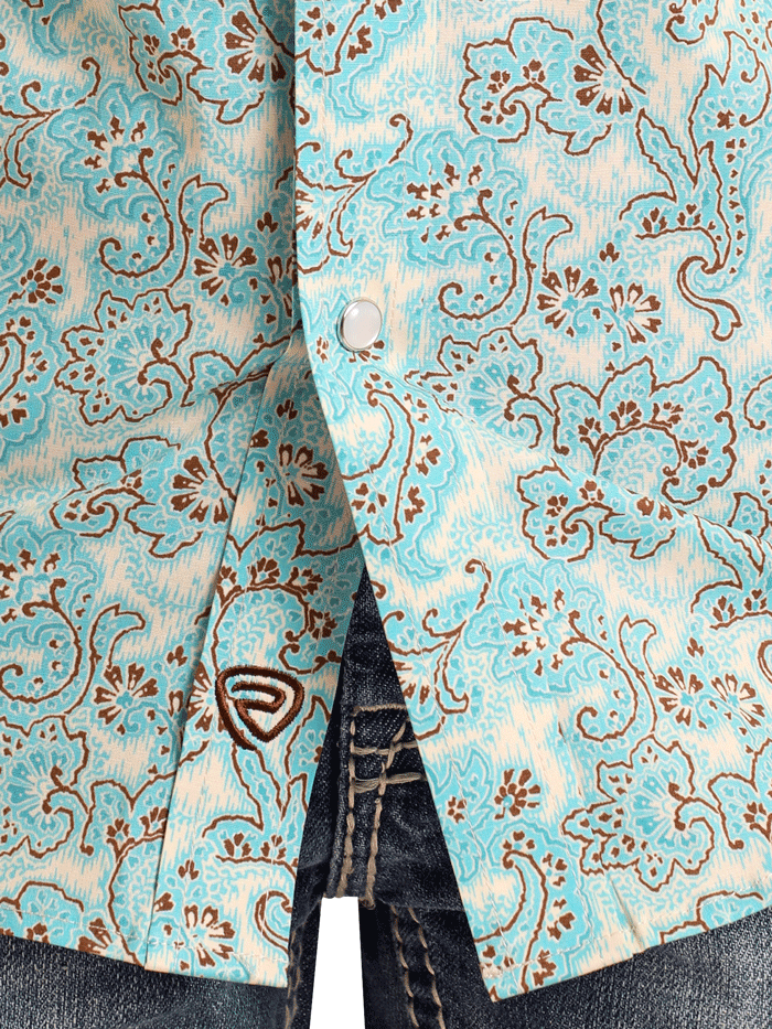 Rock & Roll Denim Kids Western Shirt - Short Sleeve Paisley Print Turquoise Top for Boys & Girls | Perfect for Country Concerts, Rodeos & Western-Themed Parties