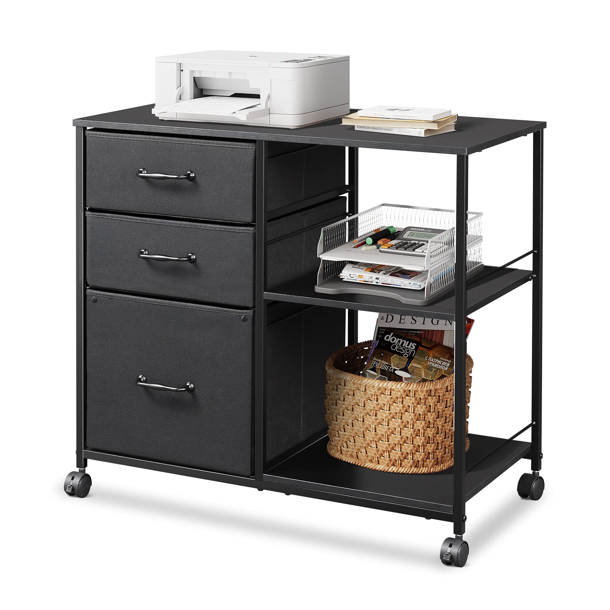 DEVAISE 3-Drawer Mobile File Cabinet with Wheels - Rolling Printer Stand with Open Storage Shelf, Fabric Lateral Filing Cabinet for A4/Letter Size - Perfect for Home Office Organization, Black | Ideal for Document Storage & Workspace Efficiency
