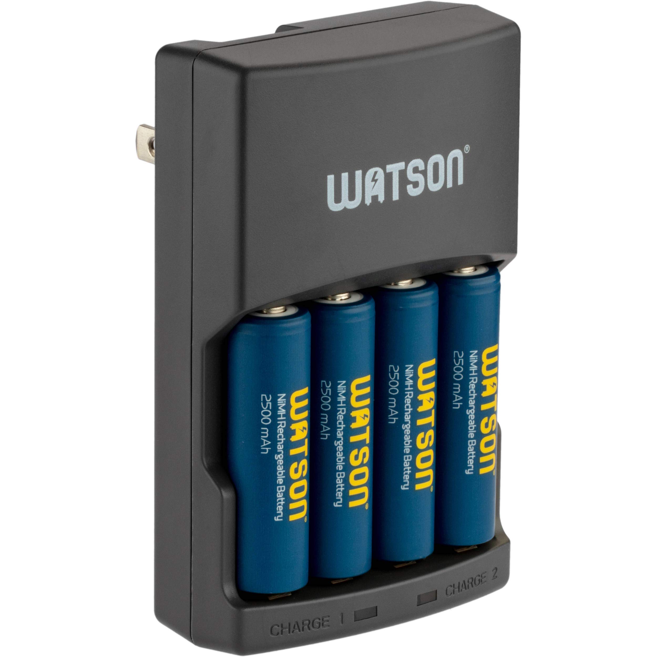 Watson Rapid Charger with 4 AA NiMH Rechargeable Batteries 2500mAh - Fast Charging for Cameras, Flashlights & Gaming Controllers - Perfect for Home, Office & Travel Use