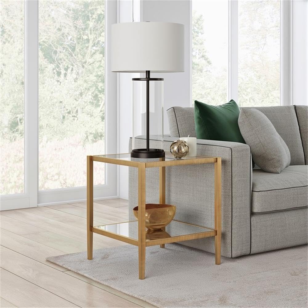 Pemberly Row Modern Metal Glam Side Table with Mirrored Shelf in Brass - Elegant Nightstand for Bedroom, Living Room, or Office Decor