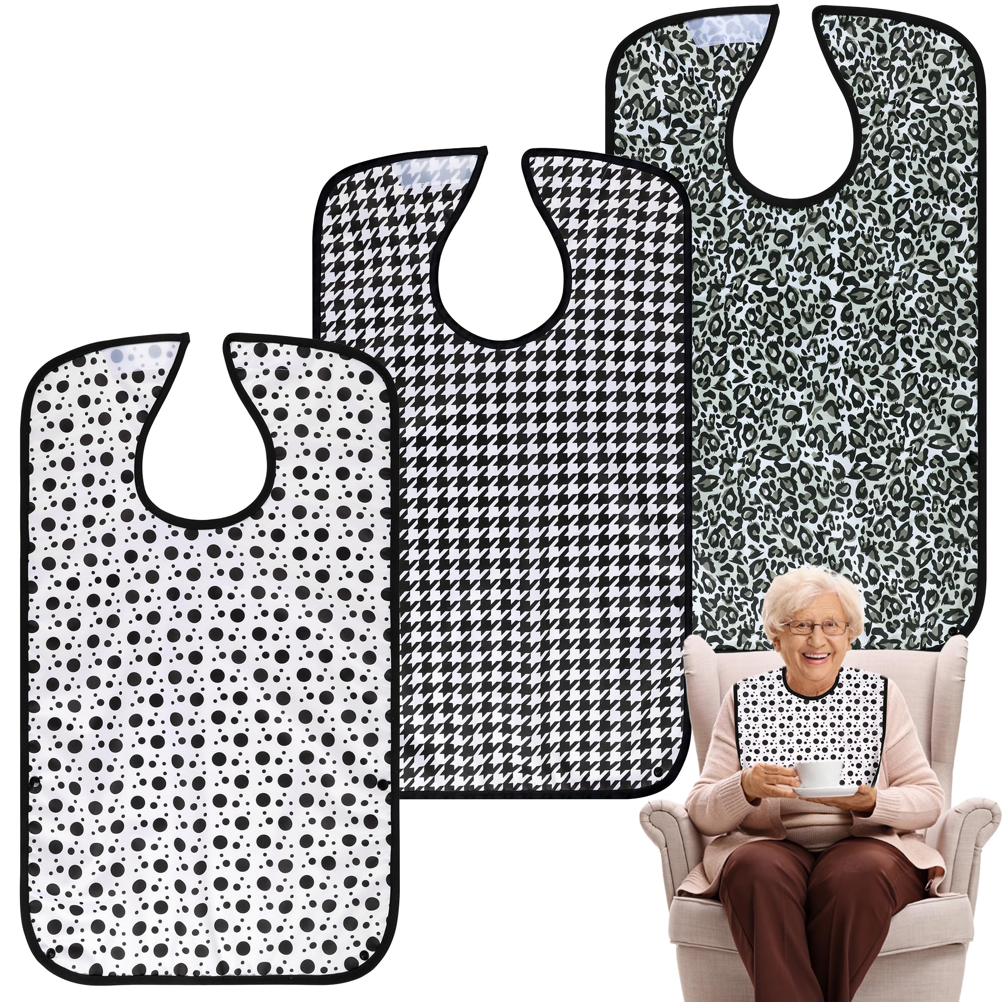 **3 Pack Washable Adult Bibs with Crumb Catcher - Reusable Waterproof Feeding Bib for Seniors & Adults - Perfect for Mealtime, Dining Out & Home Care**
