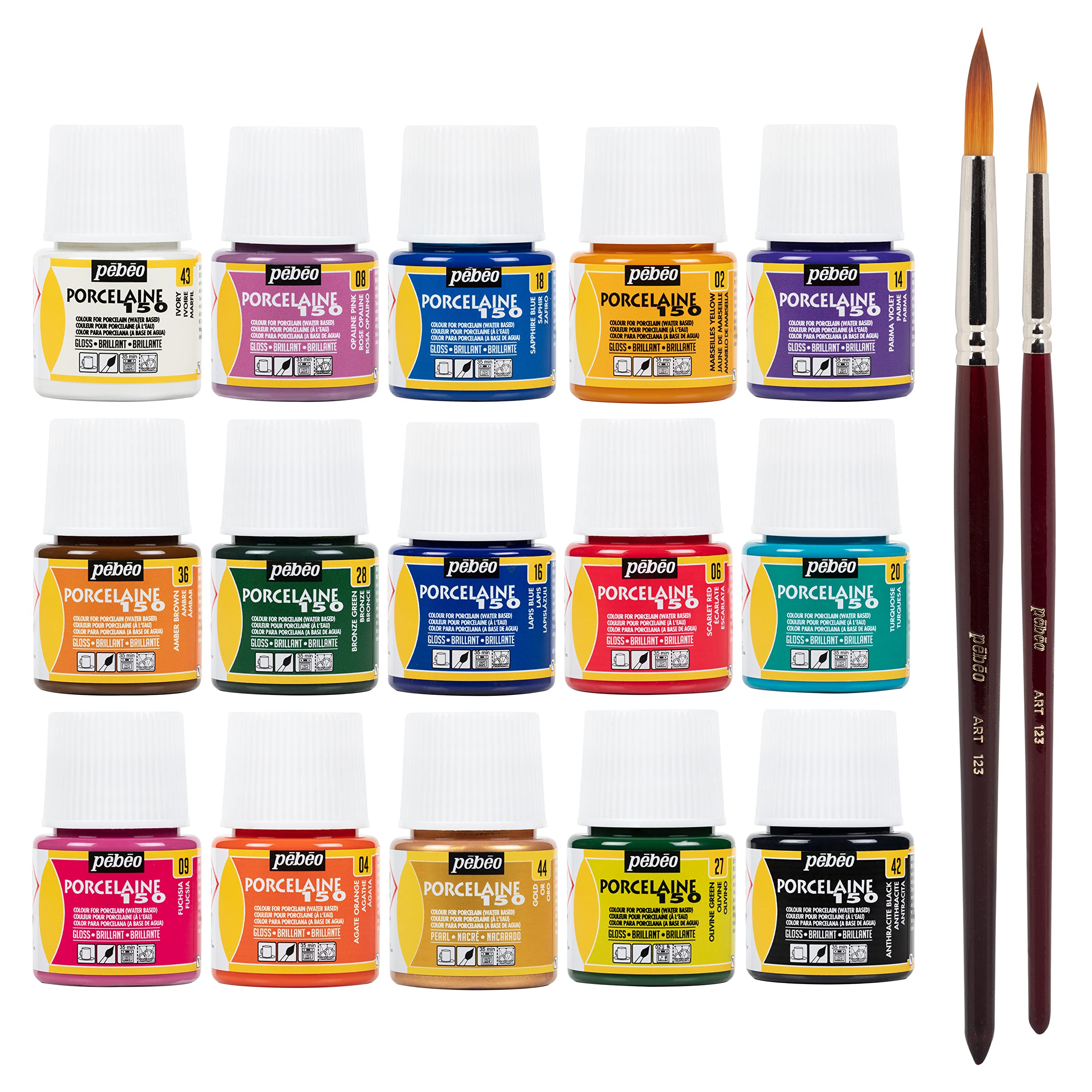 Pebeo Porcelaine 150 China Paint Set - 15 Colors (45ml/1.5oz Each) with 2 Taklon Synthetic Brushes - Water-Based Non-Toxic Ceramic Paint for DIY Crafts, Home Decor & China Painting Projects