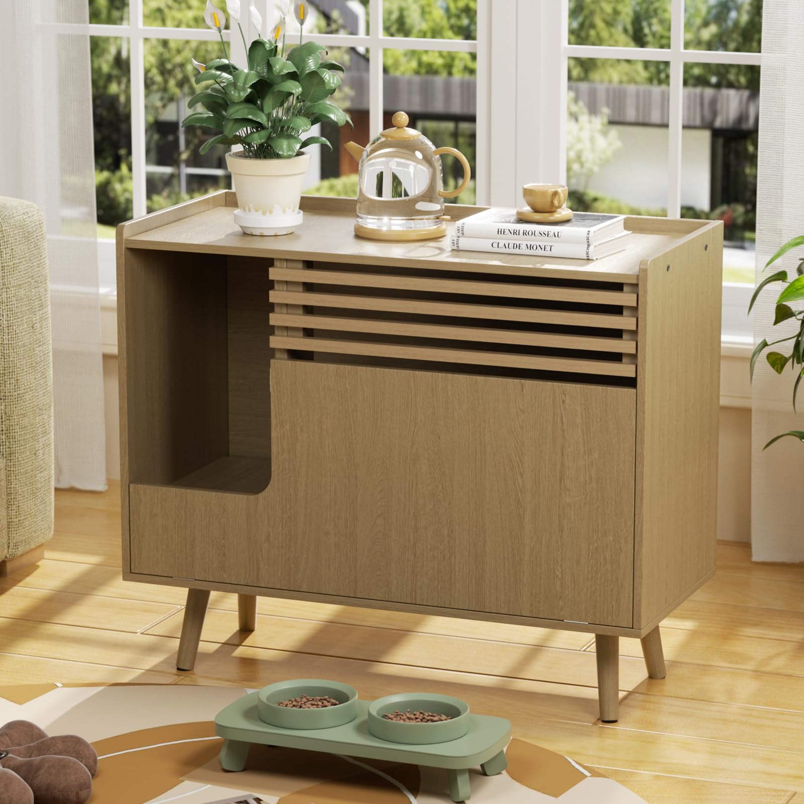 Mid-Century Modern Cat Litter Box Enclosure Furniture - Hidden Litter Box Cabinet with Scratch Pad & Flip-Down Door, Natural Wood End Table for Living Room | Pet Washroom Solution for Home Decor