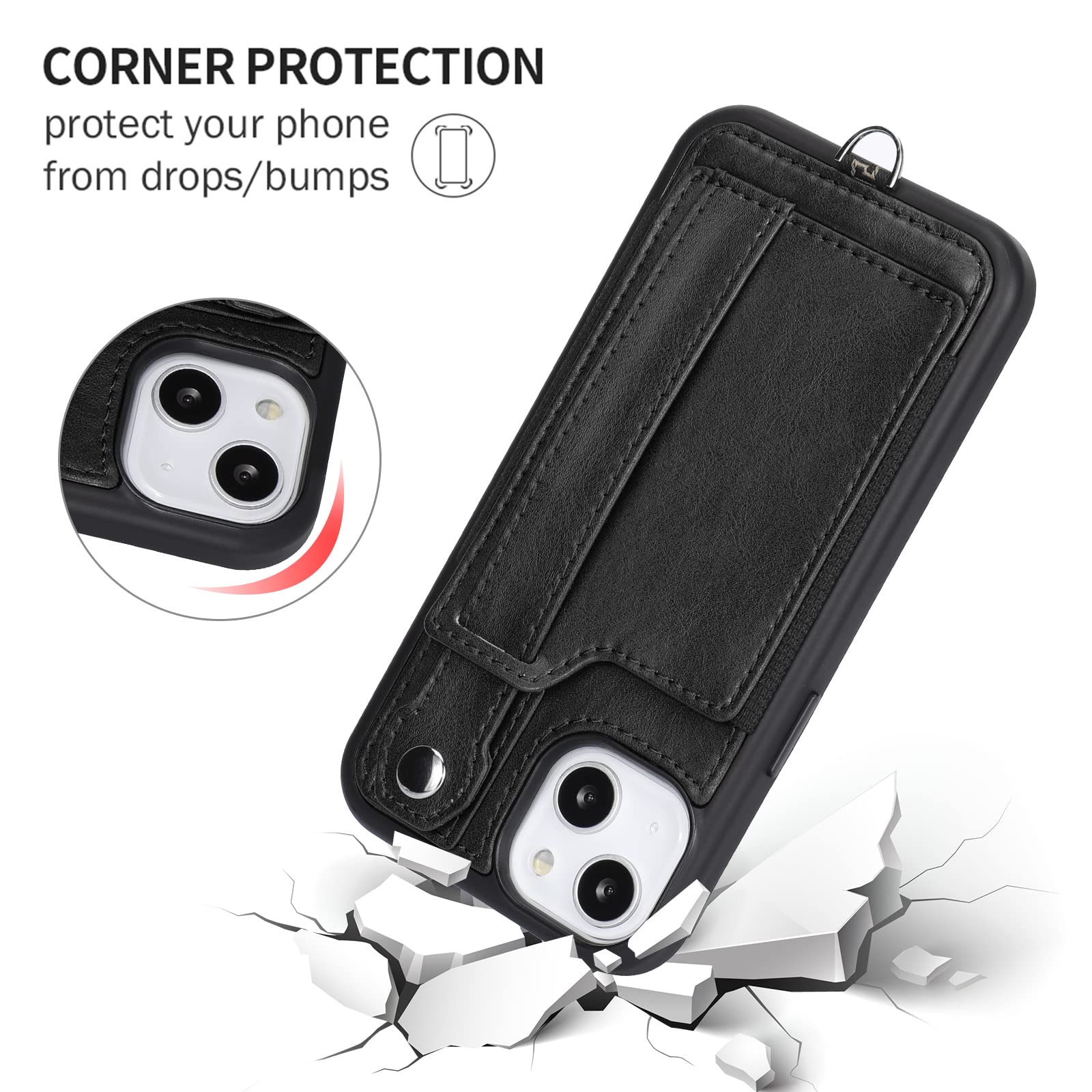 TOOVREN iPhone 13 Wallet Case with Card Holder & Phone Lanyard - PU Leather Protective Cover with Stand for iPhone 13 (6.1 Inch) - Black - Perfect for Everyday Use, Travel & Hands-Free Convenience (Men & Women)
