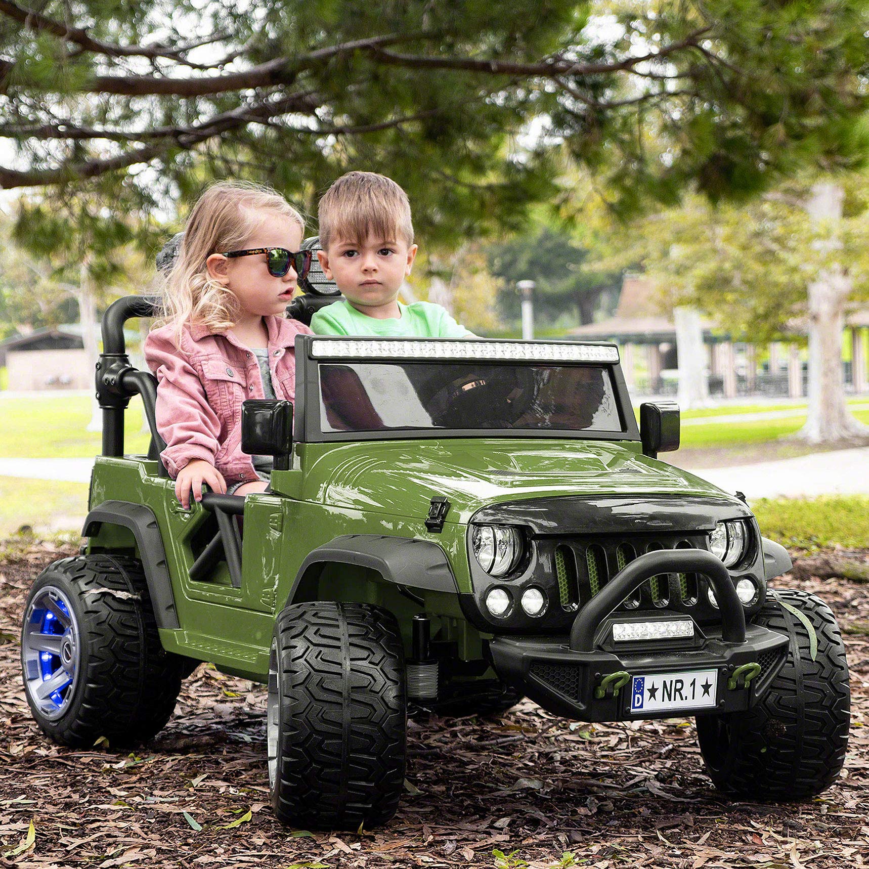 **Modern Kids Trail Explorer 2-Seater 12V Electric Ride-On Car with Parental Remote Control, EVA Foam Wheels, Leather Seat, Bluetooth FM MP3 Player & LED Lights – Perfect for Outdoor Adventures & Backyard Fun**