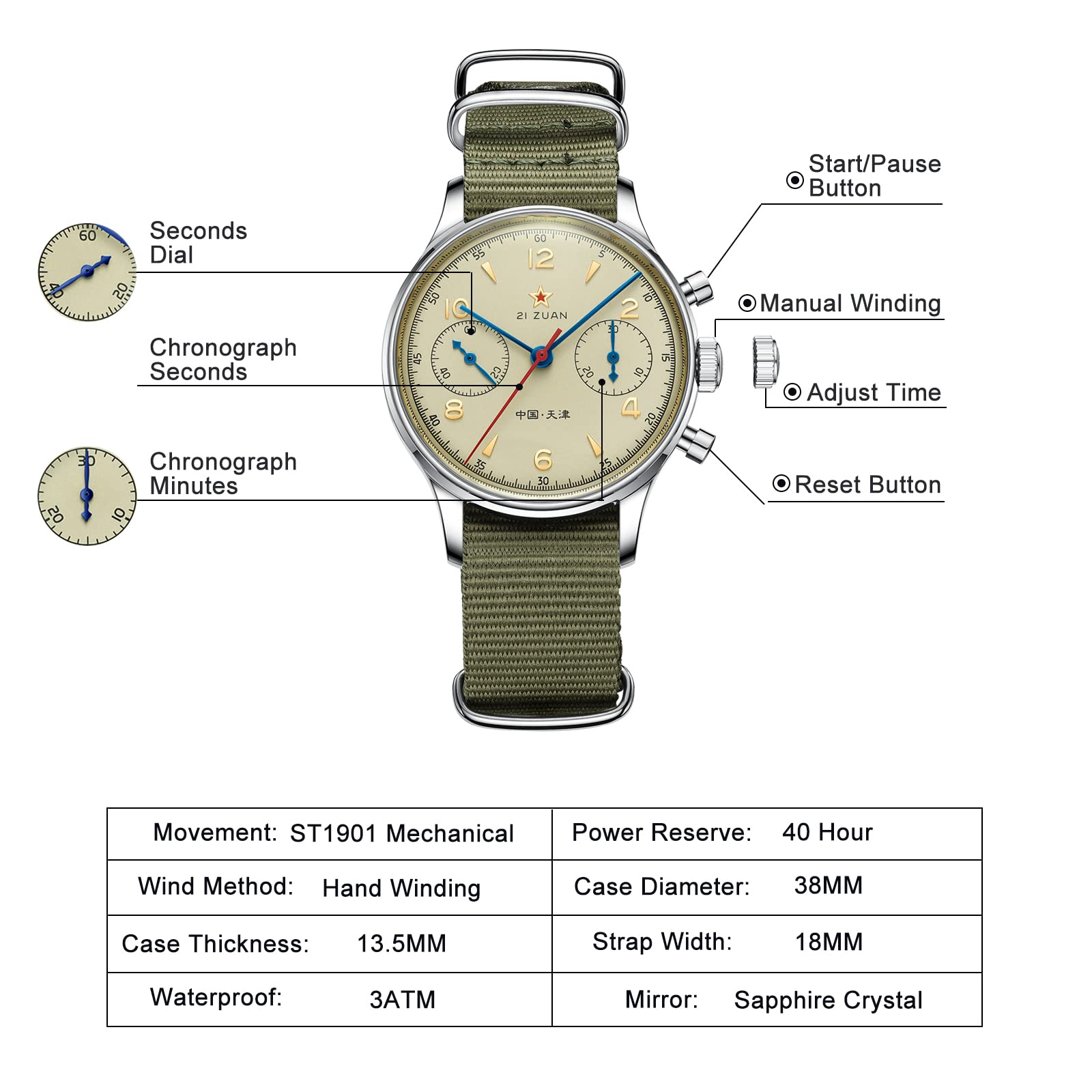 AESOP Chronograph Mechanical Men's Watch with ST1901 1963 Movement - Manual Wind Analog Wristwatch, Stainless Steel Case, Sapphire Crystal, Waterproof & Luminous - Perfect for Pilot, Military, and Casual Wear