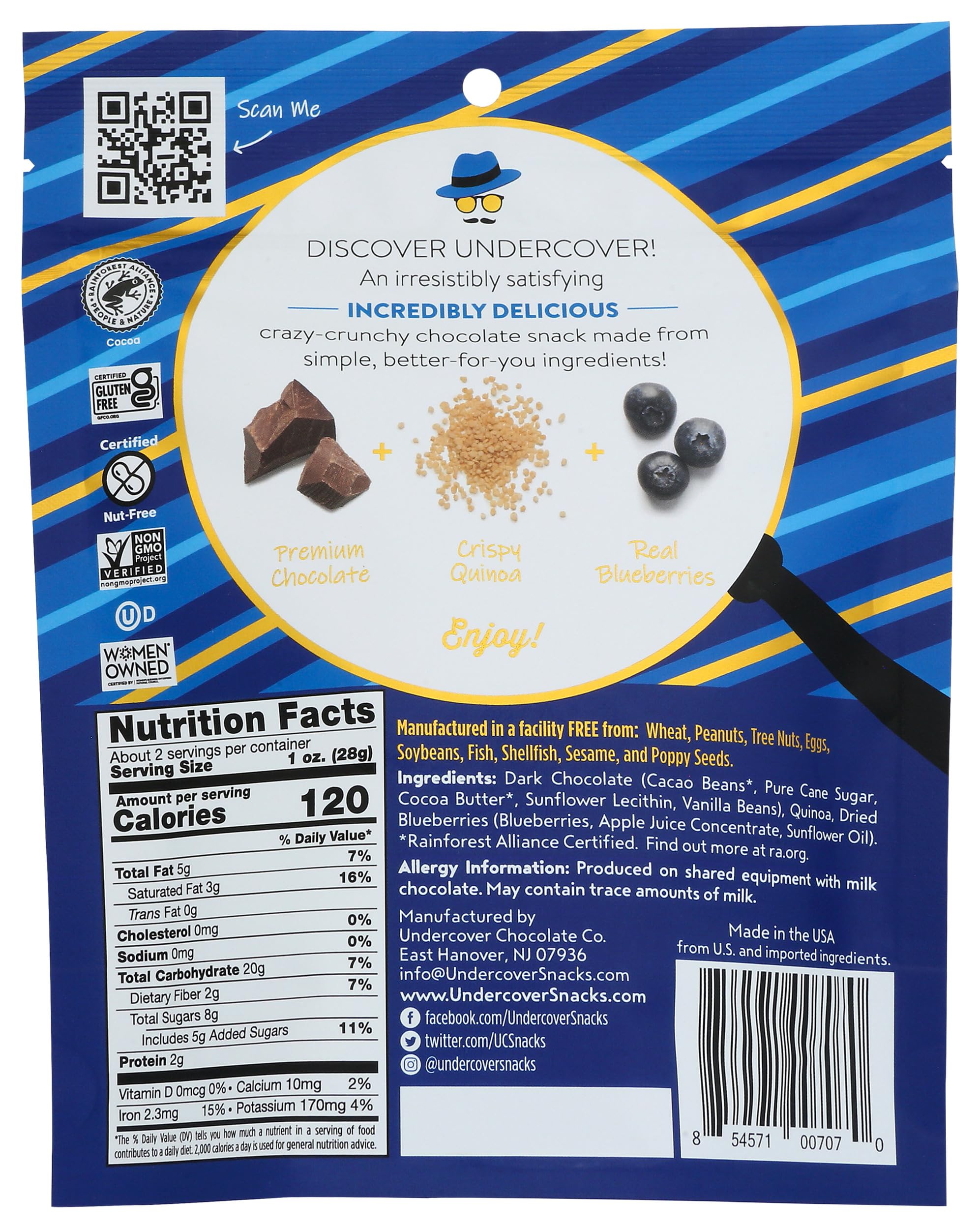 Undercover Chocolate CO Dark Chocolate with Blueberries & Crispy Quinoa Snack - 2oz | Healthy Gluten-Free Superfood Treat for Hiking, Office Snacks & Gift Baskets