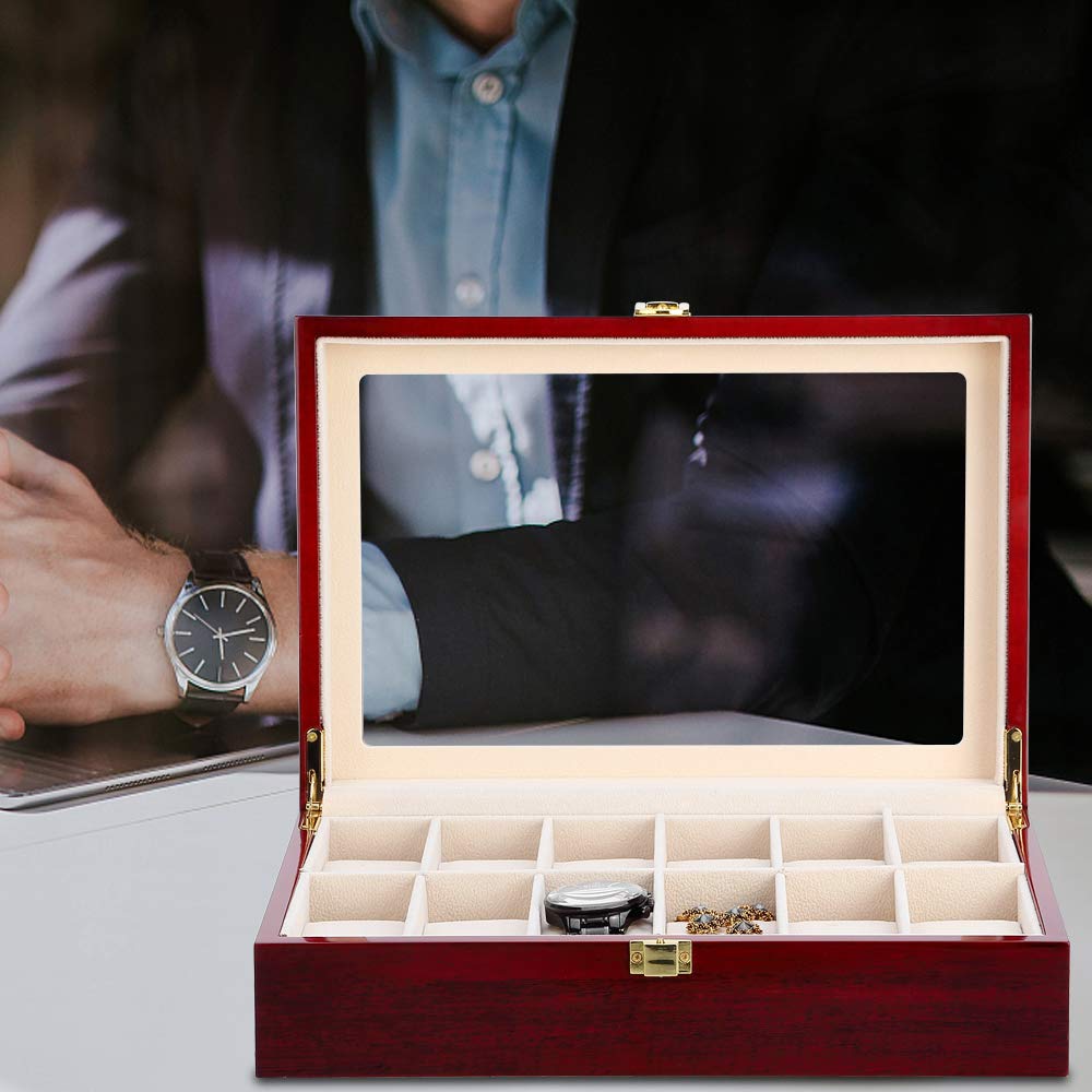 Uten 12-Slot Wooden Watch Box with Removable Pillows & Metal Clasp - Luxury Watch Organizer for Men & Women - Perfect for Watch Collection Storage, Travel, and Gift Giving