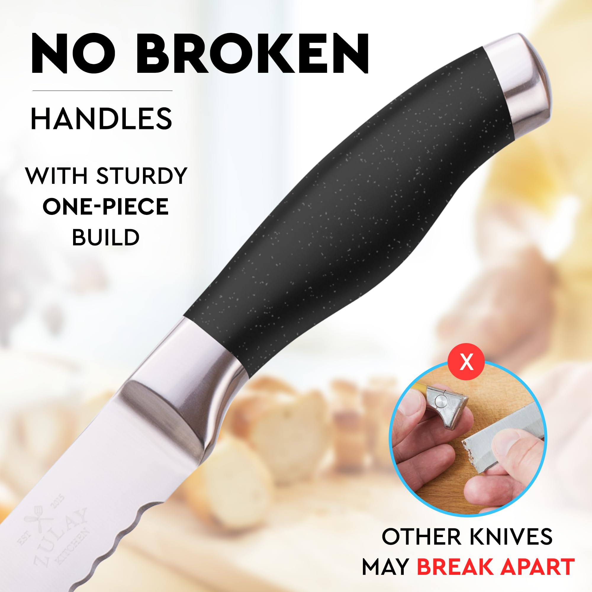 Zulay Premium 8-Inch Serrated Bread Knife - Stainless Steel Blade for Slicing Homemade Bread, Cake, Bagel - Ergonomic 5-Inch Handle with Safety Tip Guard - Perfect for Bakeries, Kitchens & Gift Giving