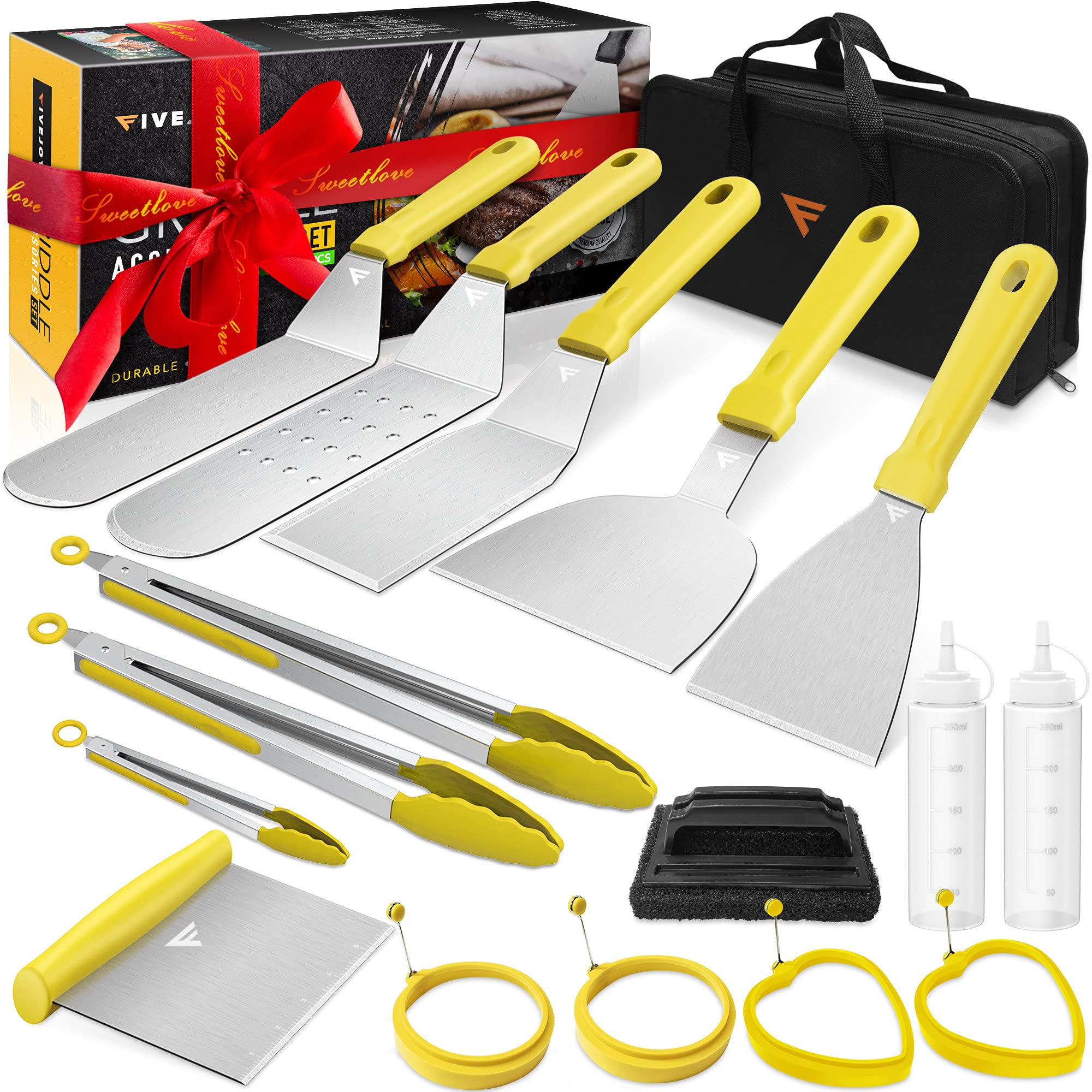 FiveJoy 17-Piece Griddle Accessories Kit for Blackstone & Camp Chef Flat Top Grills - Stainless Steel Spatulas, Scraper, Egg Rings & Cleaning Tools - Perfect for BBQ, Camping, Tailgating & Outdoor Cooking - Great Gift for Men, Women & Dad