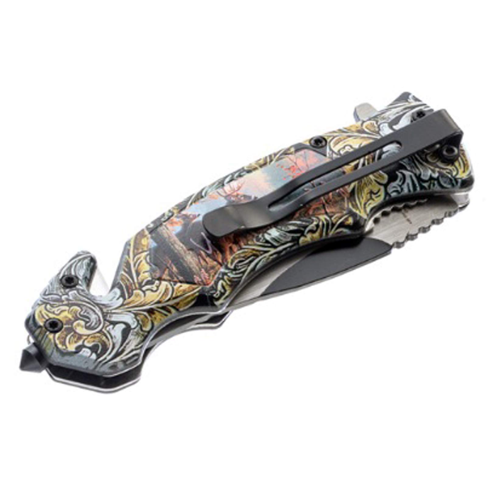 ASR Outdoor Clip Point Blade Pocket Knife - 5 Inch Folding Knife with Window Punch & Deer Design - Perfect for Camping, Hunting, and Survival Gear
