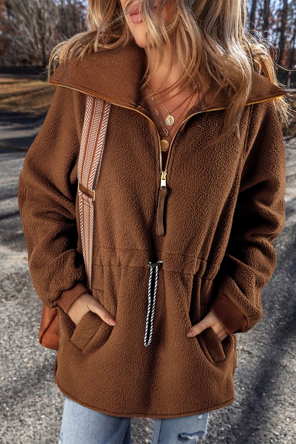 Brown Half Zip Fleece Pullover Sweatshirt for Men - Soft & Warm Winter Layering Top for Outdoor Activities & Casual Wear