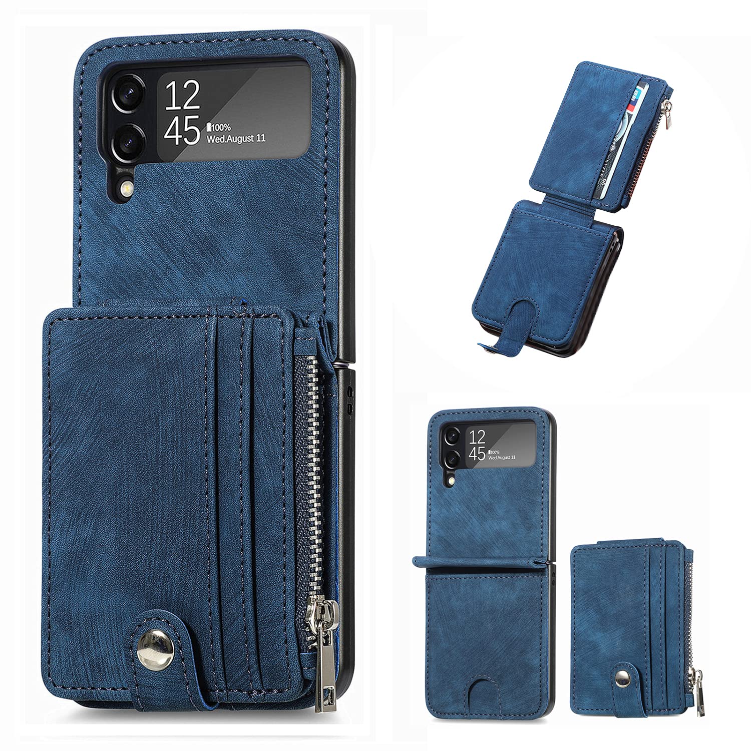Samsung Galaxy Z Flip 4 Leather Wallet Case with Detachable Card Holder & Magnetic Kickstand - Shockproof Minimalist Front Pocket Phone Cover for Men & Women (Blue) | Perfect for Everyday Use, Travel, and Business Meetings