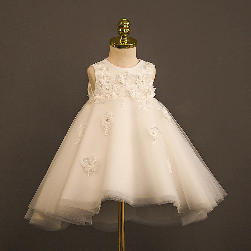 Elegant White Satin Flower Girl Dress with Lace & Floral Details - Perfect for Weddings, Baptisms & Special Occasions