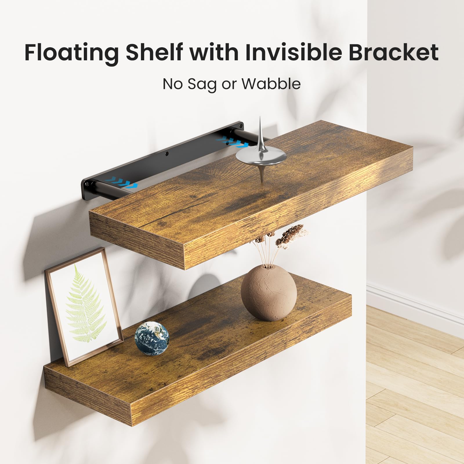 AMADA HOMEFURNISHING Floating Shelves Set of 3 - Rustic Brown Wall Shelves for Bathroom, Living Room, Bedroom & Kitchen Decor with Invisible Brackets | Space-Saving Storage & Display Solution for Small Spaces