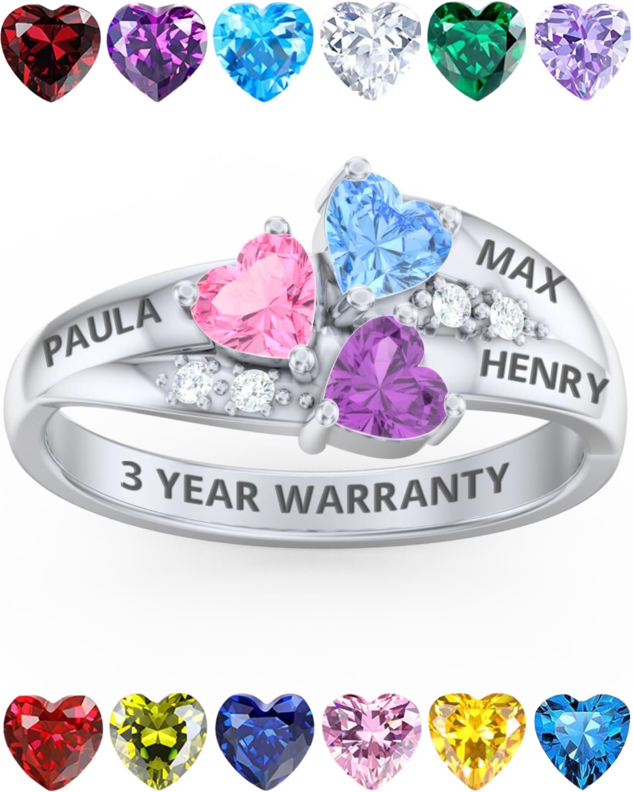 Custom Mothers Rings with 3 Birthstones & Engraved Names - Sterling Silver or 10K/14K White Gold - Personalized Jewelry Gift for Mom, Grandma, Wife - Sizes 5-12 - Perfect for Mother's Day, Birthday & Anniversary Celebrations