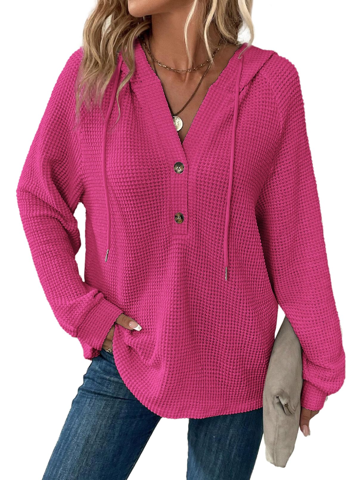 Women's Waffle Knit Hoodie - Long Sleeve Drawstring Button V-Neck Casual Pullover Sweatshirt | Perfect for Fall Layering, Lounge Wear & Outdoor Activities
