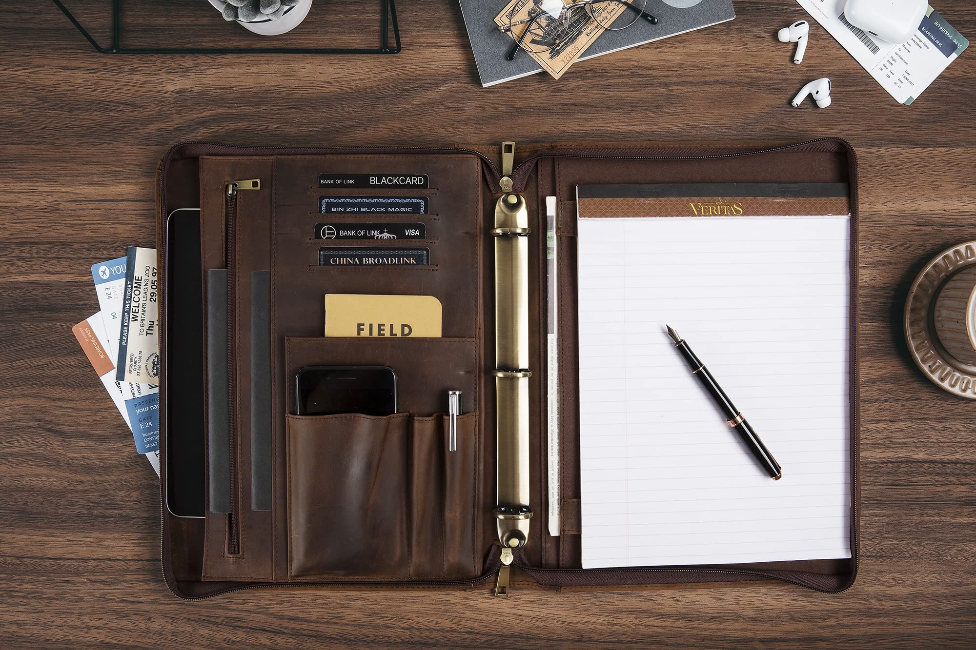 Premium Leather Portfolio Binder - 3 Ring Organizer with Zipper for iPad & Laptop | Professional Padfolio for Men | Business Document Holder | Perfect for Office, Meetings & Job Interviews (Dark Khaki)