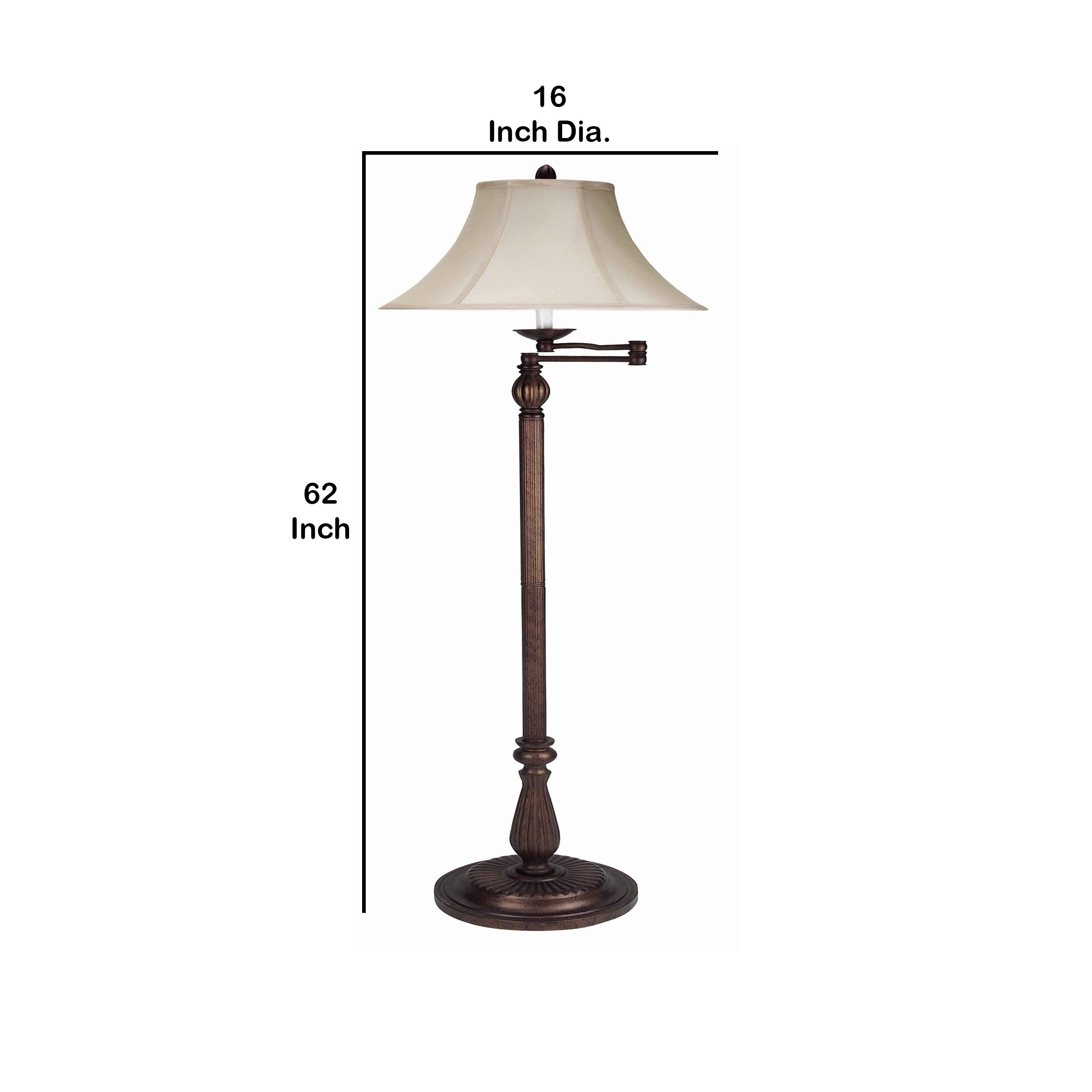 Benjara Swing Arm Metal Floor Lamp with Fabric Bell Shade - Bronze & Beige Finish for Living Room, Bedroom, or Office Lighting