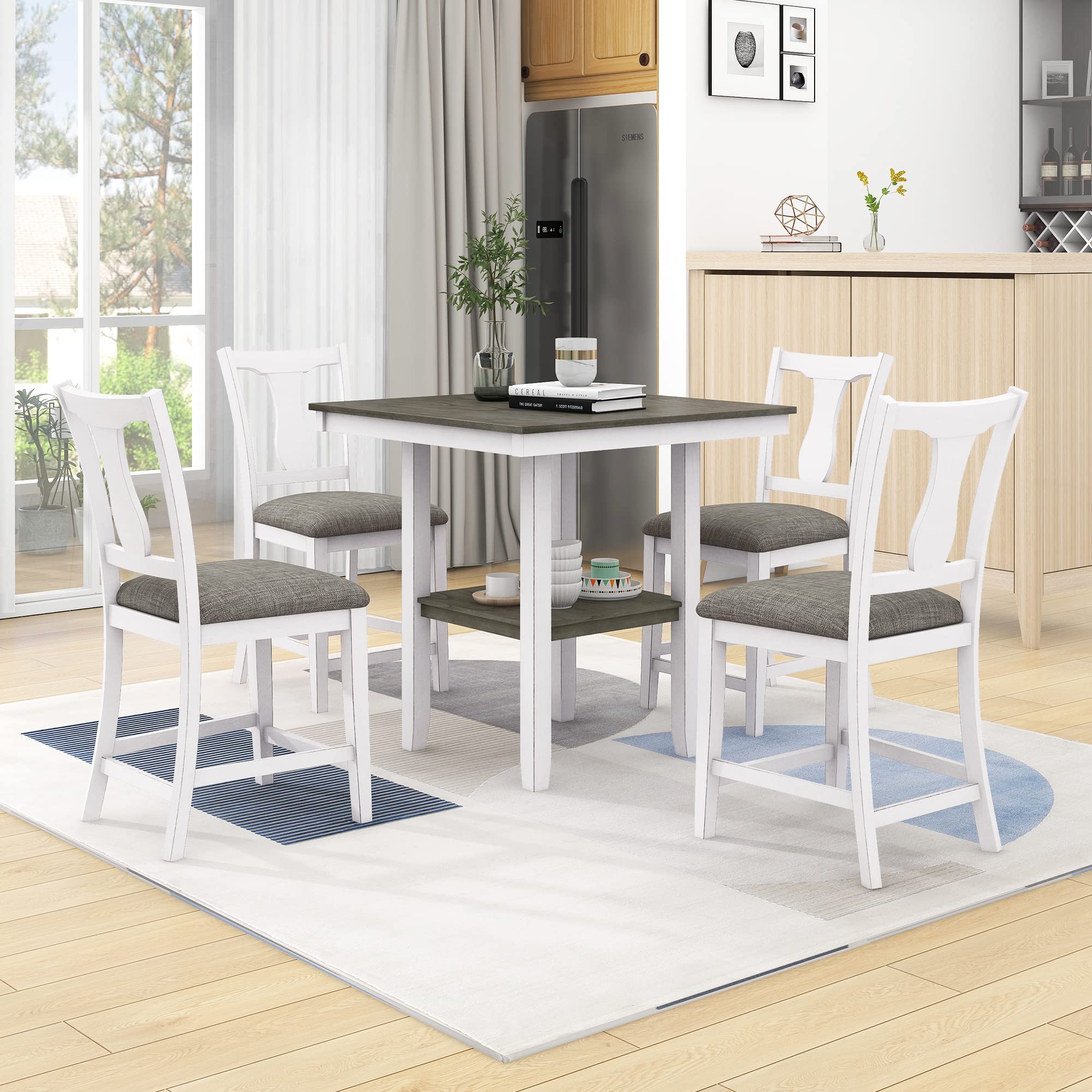 Farmhouse Dining Table Set for 4 - 5 Piece Counter Height Kitchen Table with Storage Shelf, Square Table & 4 Upholstered Chairs - Antique White - Perfect for Small Spaces, Breakfast Nooks & Cozy Kitchens