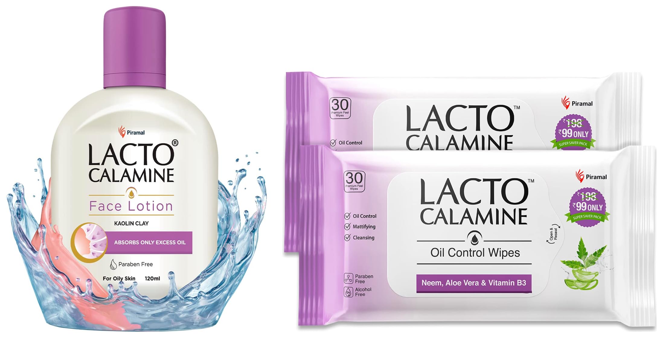 **Lacto Calamine Oil Balance Face Lotion for Oily Skin – 120ml | Oil Control Face Wipes with Neem, Vitamin B3 & Aloe Vera – Paraben & Alcohol-Free – 60 Count (Pack of 2) – Perfect for Travel & On-the-Go Skincare**
