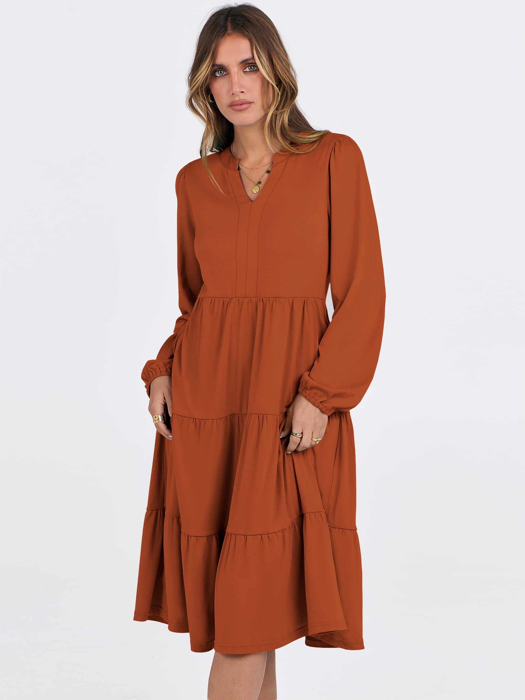 ANRABESS Women's Long Sleeve V-Neck Flowy Swing Dress - Loose Fit Tiered Casual Dress for Spring 2025 | Perfect for Vacation, Beach, Date Night & Everyday Wear