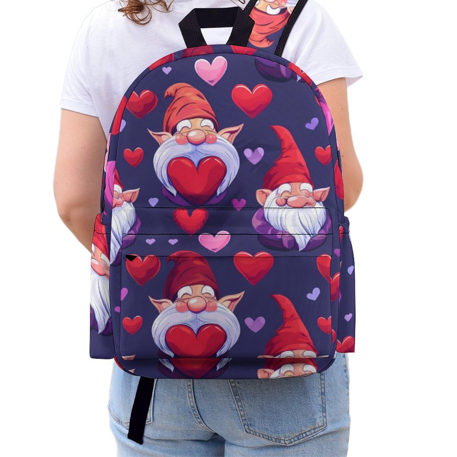 Gnomes Hearts Mini Backpack - Cute Shoulder Bag for Women & Men, Small Laptop Bag, Lightweight Travel Daypack - Perfect for School, Work, Travel & Daily Use