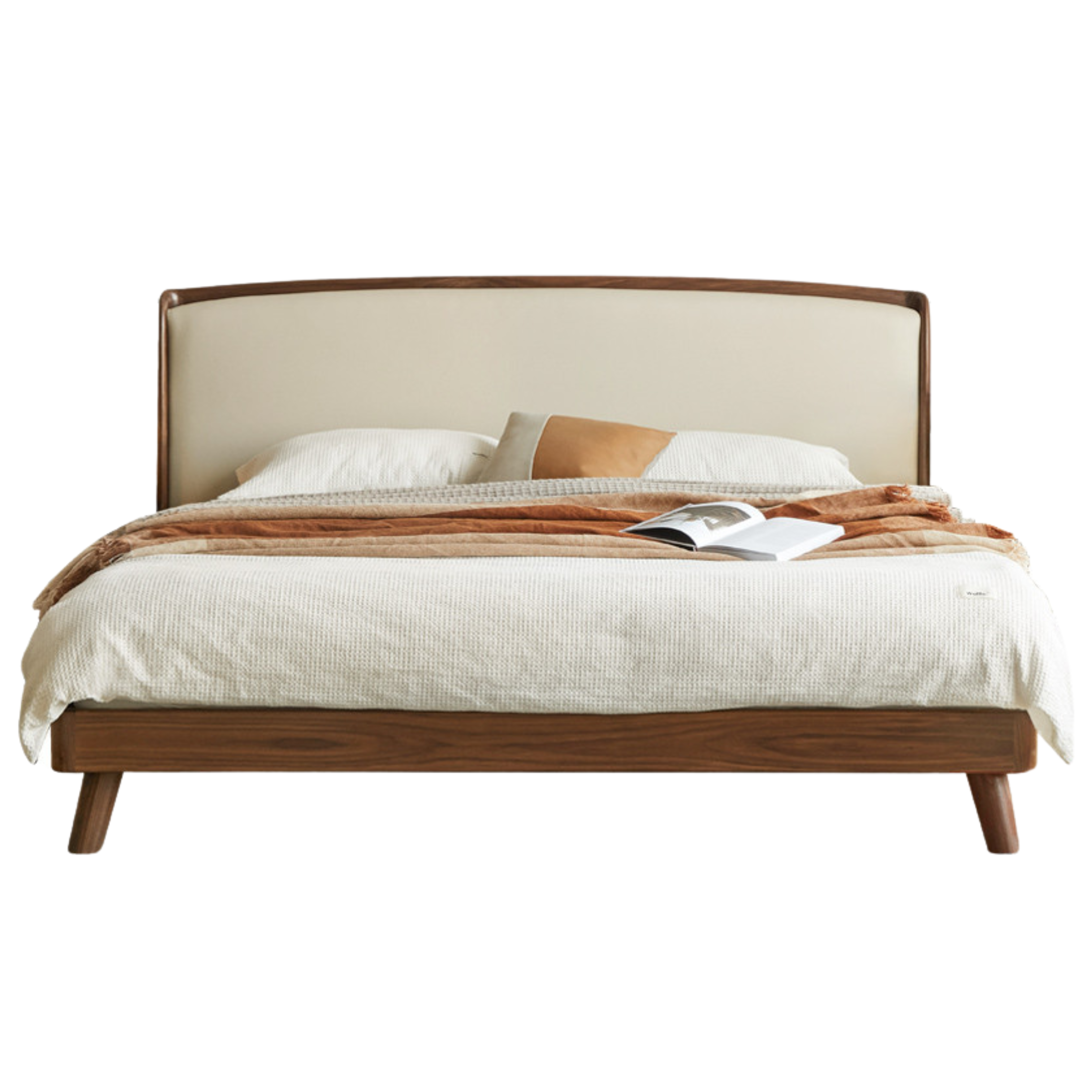 Premium Solid Oak Wood Bed Frame with Genuine Leather Headboard & Tech Fabric Upholstery - Modern Bedroom Furniture for Master Suite, Guest Room, or Apartment