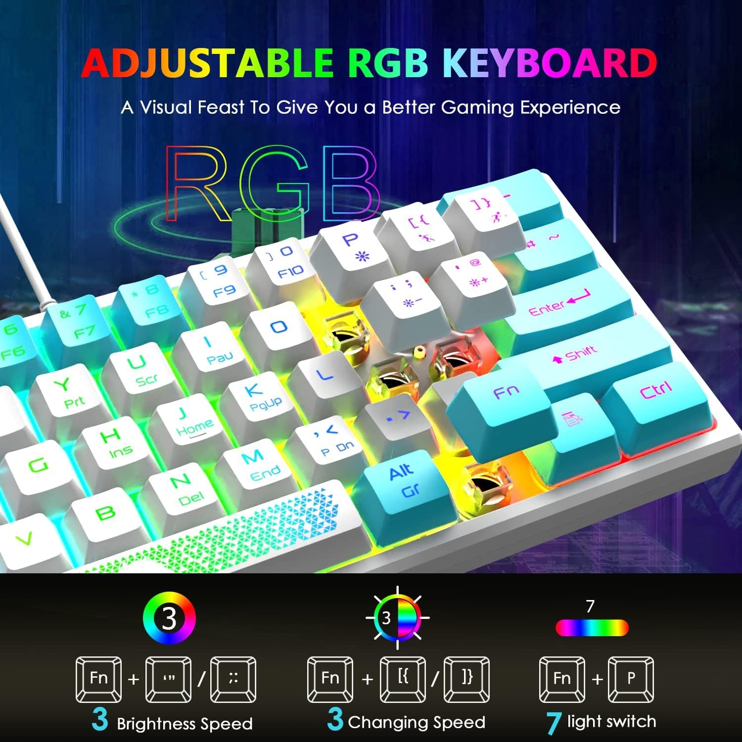 K61 60% Wired Mechanical Gaming Keyboard - UK Layout, RGB Backlit with 7 Lighting Effects, Waterproof, 19-Key Anti-Ghosting, White & Blue Keycaps for PC/MAC/Laptop - Perfect for Esports, Office Work & Typing