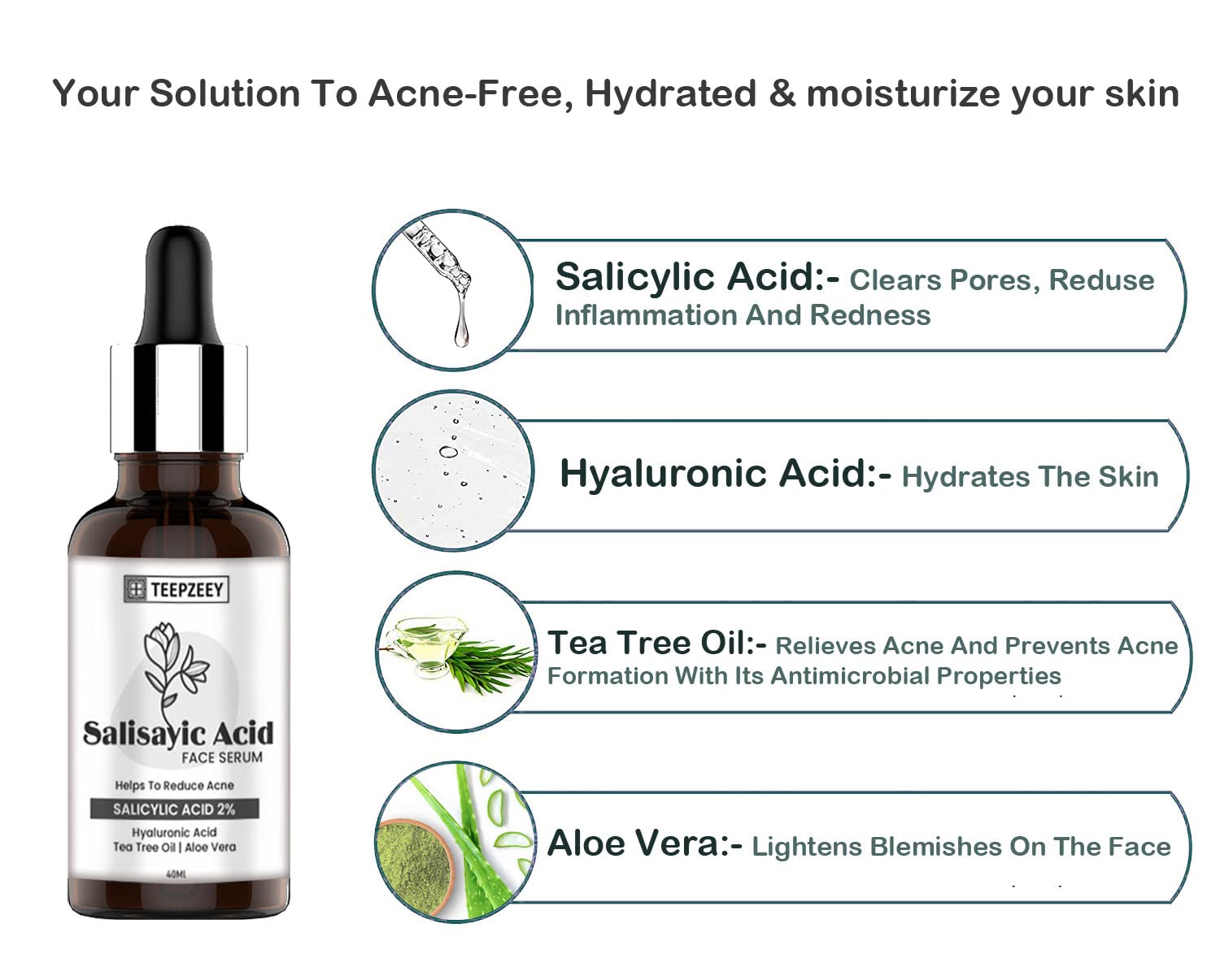 Teepzeey 2% Salicylic Acid Face Serum for Acne, Blackheads & Pore Minimizing - 40ml Oil Control Treatment for Oily, Combination & Sensitive Skin | Reduces Breakouts & Improves Skin Texture | Daily Skincare Routine & Nighttime Use