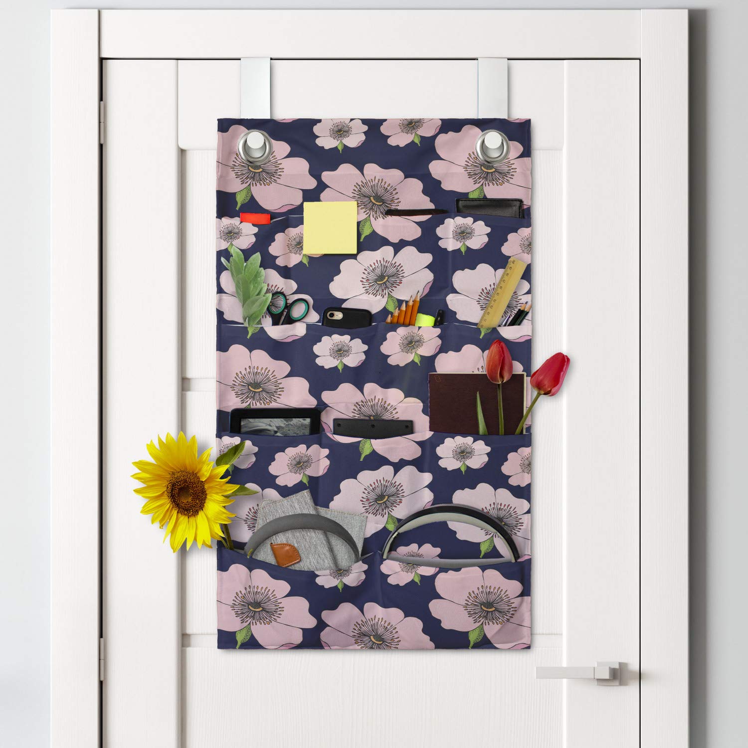 Ambesonne Floral Hanging Pocket Organizer - Dog Rose Pastel Pink Hand-Drawn Print Polyester Storage Bag with Pockets, 21