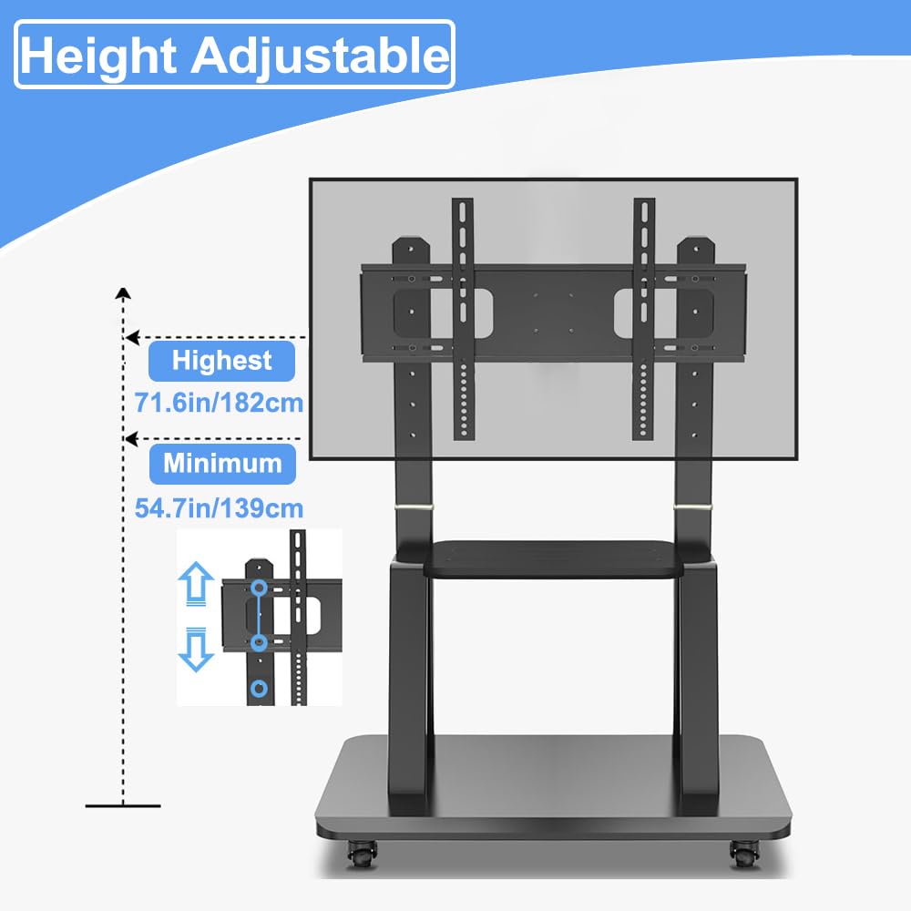 Heavy-Duty Mobile TV Cart with Wheels - Adjustable Height Floor Stand for 42-86 Inch LCD LED OLED Flat Screen TVs & Smart Boards - Holds up to 176lbs with Storage Shelf - Perfect for Classrooms, Offices & Home Entertainment Systems