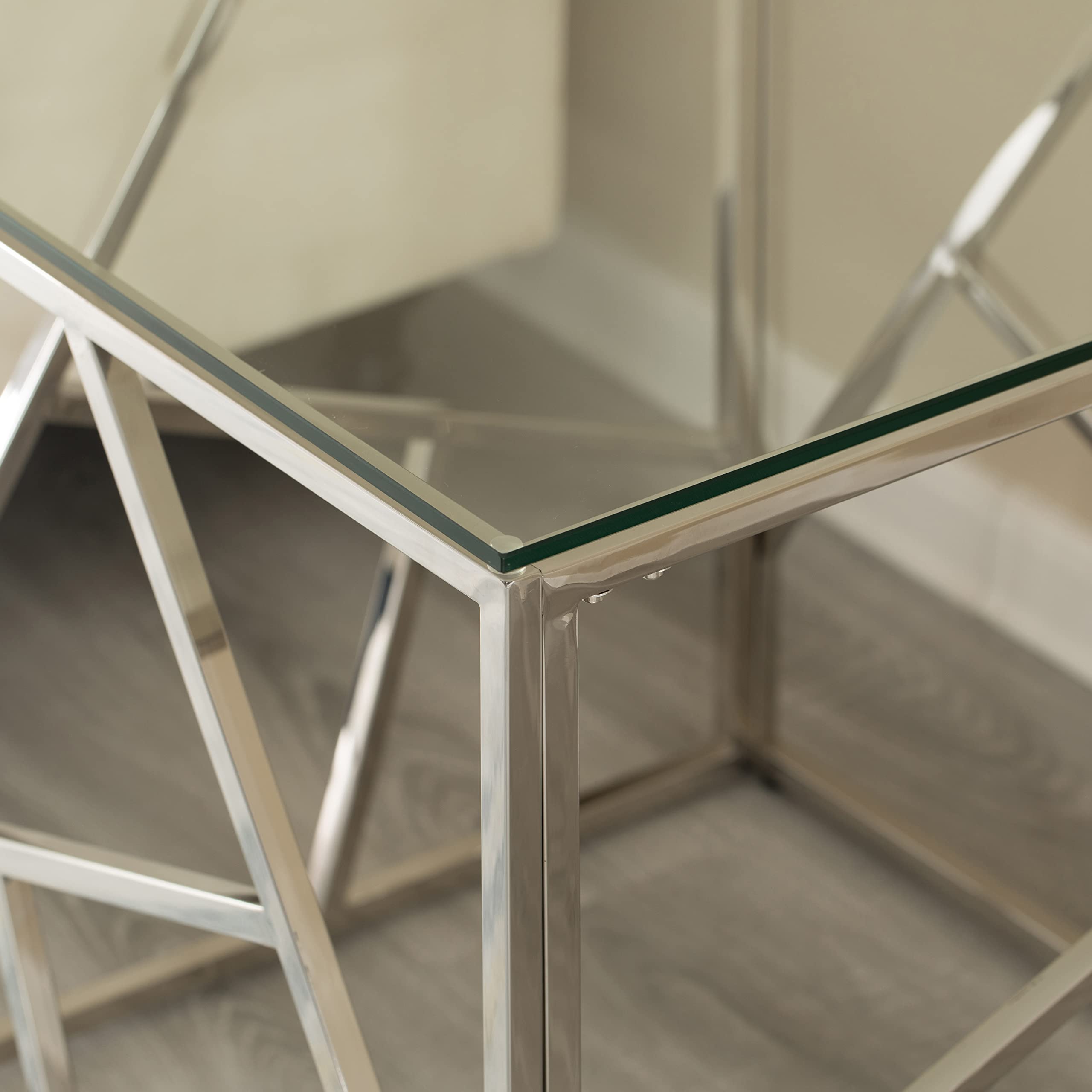 Modern Square End Side Table with Tempered Glass Top - Silver Metal Coffee Table for Living Room, Bedroom & Office Decor