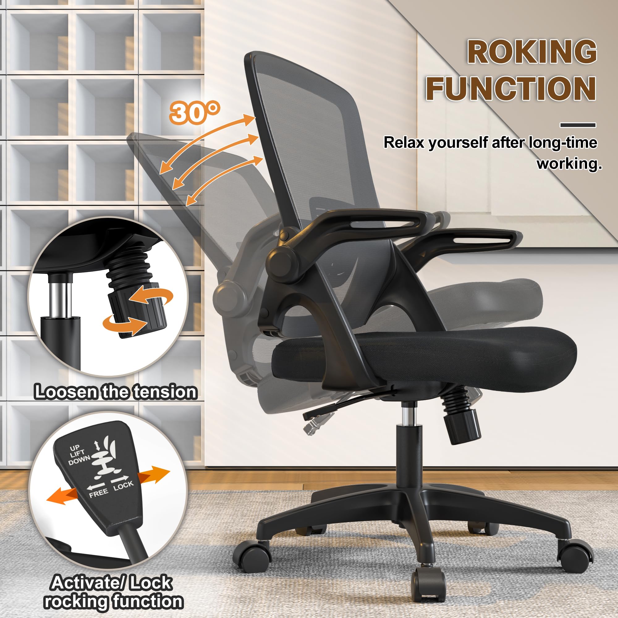 Ergonomic Mesh Office Chair with Adjustable Lumbar Support - Swivel Computer Desk Chair with Flip-Up Arms & Wheels - Comfortable Black Modern Chair for Home & Office Workspaces (Perfect for Long Hours of Work, Gaming, or Studying)
