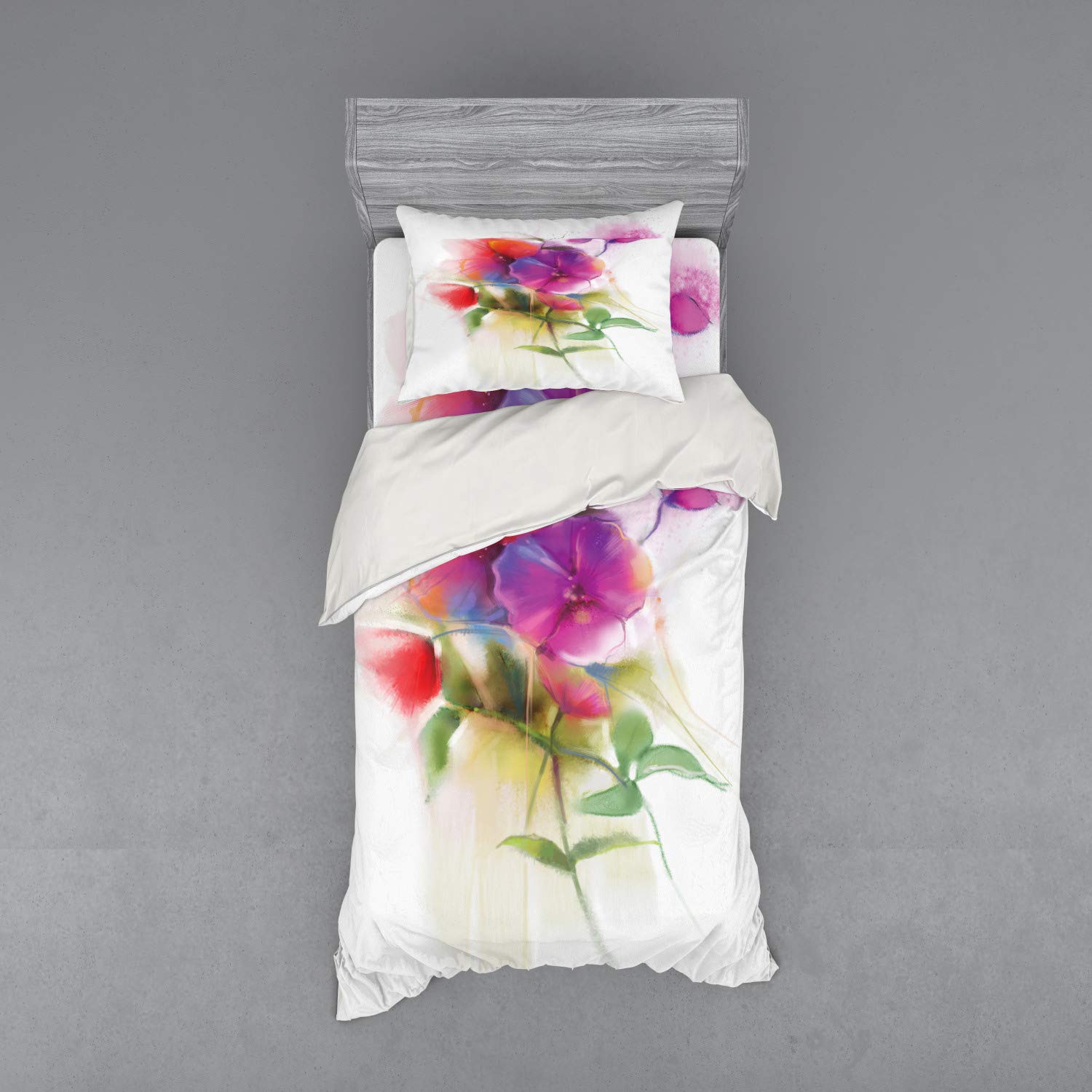 Ambesonne Floral Duvet Cover Set - Blooming Orchid Spring Bouquet 3-Piece Bedding (Twin Size) for Romantic Bedroom Decor, Wedding Theme & Home Staging | Includes Duvet Cover, Sham & Fitted Sheet | Multicolor Botanical Print for Master Bedroom, Guest Room or Bridal Suite