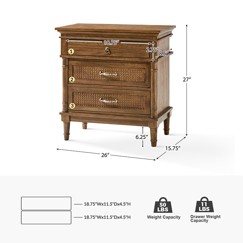 Emilio 3-Drawer Solid Wood Nightstand with USB Charging Port - Modern Bedside Table for Bedroom, Living Room & Office - Perfect for Charging Devices & Storage