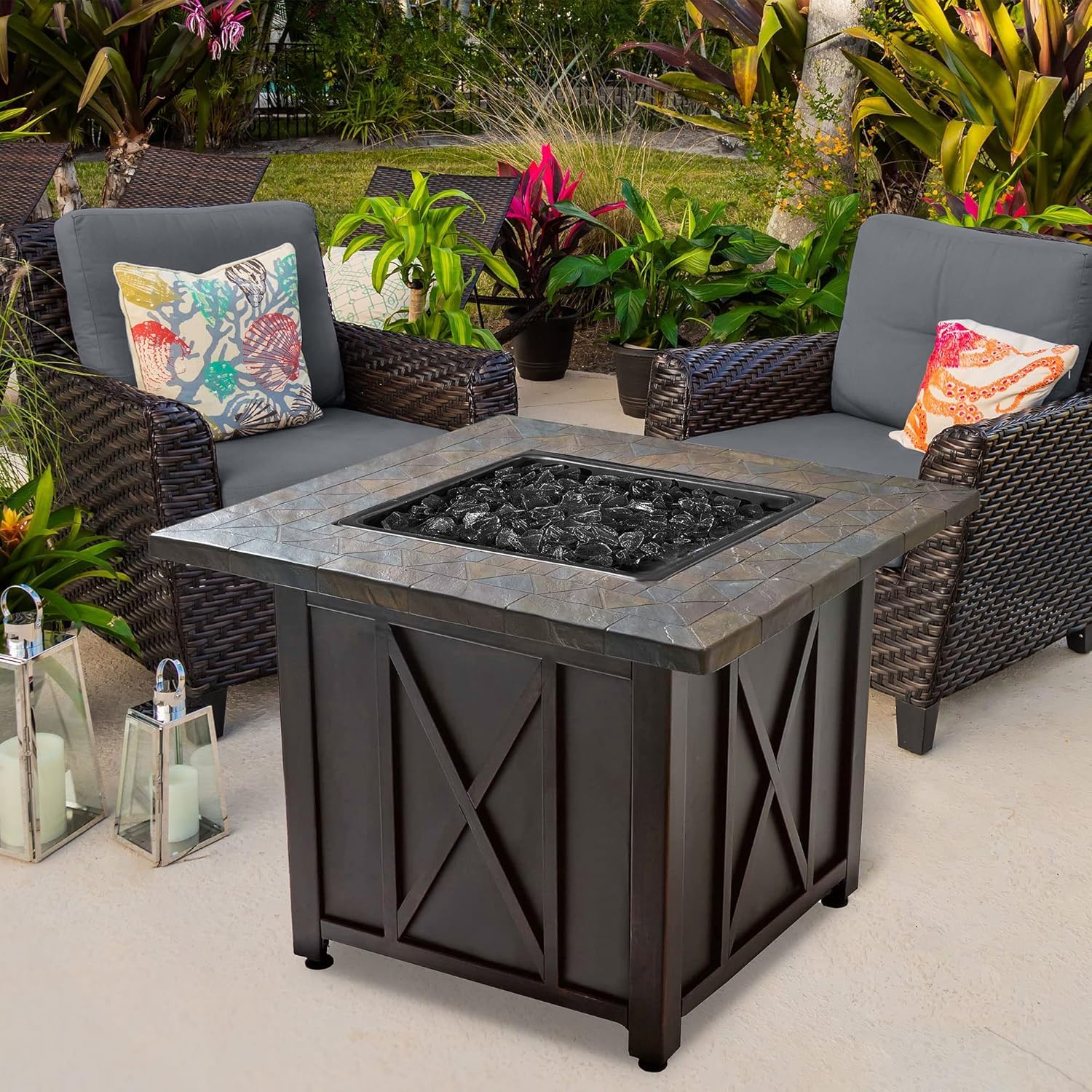 30,000 BTU Propane Fire Pit Table with Black Fire Glass - Outdoor Patio Heater for Backyard, Deck, and Garden Gatherings