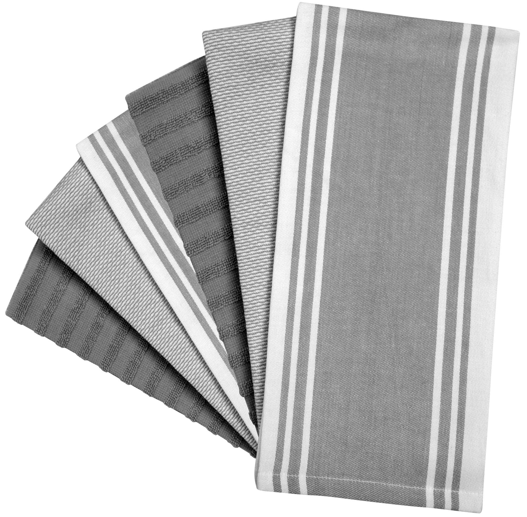 Premium Cotton Kitchen Towels Set (6 Pack, 20”x28”) - Super Absorbent Large Hand & Tea Towels with Hanging Loop | Flat & Terry Weave | Grey Wide Stripe | Perfect for Cooking, Baking, Dish Drying & Kitchen Decor