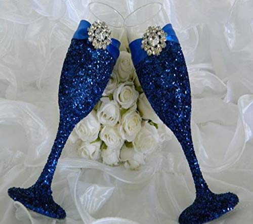 Royal Blue Wedding Set - 2 Champagne Flutes, 2 Cake Knives & 3 Candle Holders (7-Piece) | Elegant Toasting Glasses & Wedding Cake Cutters | Perfect Bridal Shower & Wedding Gift for Couples | Ideal for Wedding Receptions, Anniversary Celebrations & Romantic Dinners