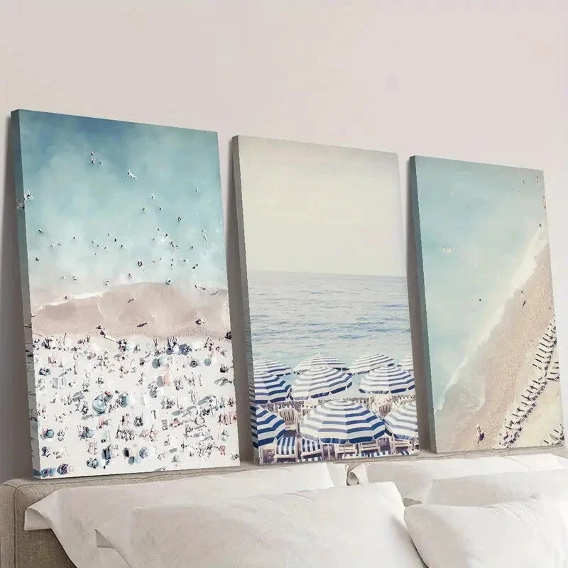 3-Piece Blue and White Beach Umbrella Wall Art Set - 40x60cm Framed Canvas Prints - High Quality Australian Made Ready-to-Hang Decor for Living Room, Bedroom or Beach House