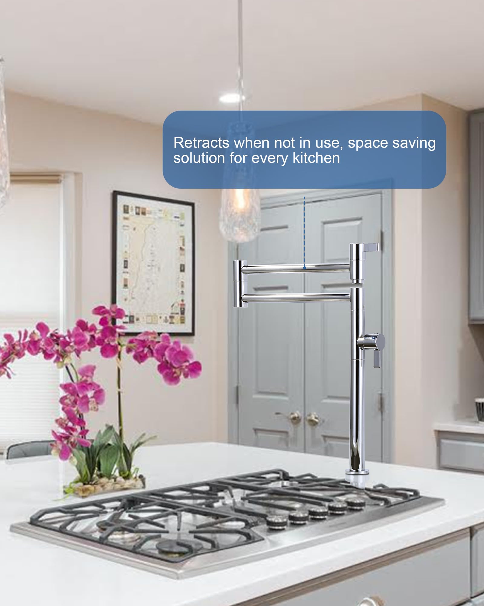 ARCORA Solid Brass Deck Mount Pot Filler Faucet - Chrome Finish, Stretchable Double Joint Swing Arm for Kitchen Sink - Perfect for Cooking, Filling Large Pots & Pans, Home Chefs & Professional Kitchens