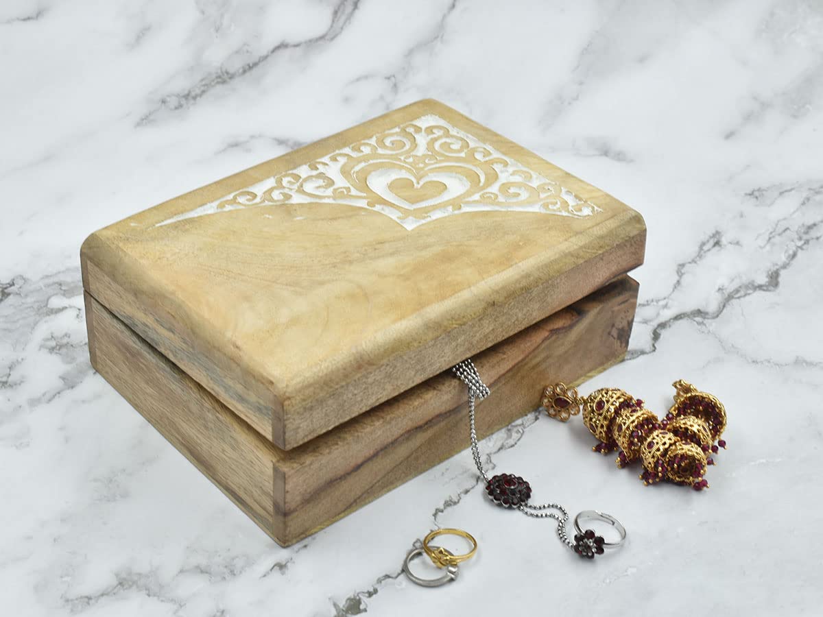 Handmade Wooden Jewelry Box with Heart & Floral Carving - Keepsake Storage Organizer for Women & Girls - Perfect for Rings, Necklaces & Earrings - Gift for Birthday, Anniversary & Valentines Day