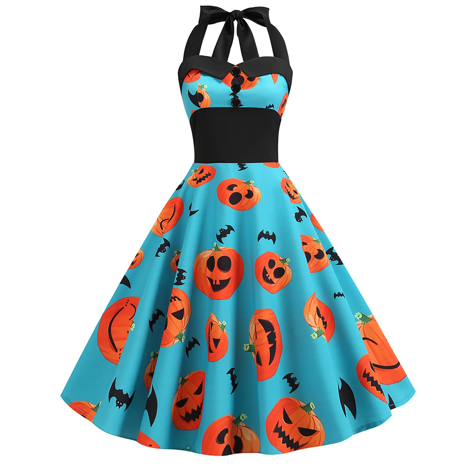 Sexy Halloween Halter Dress for Women - Black Cat Pumpkin Ghost Print Vintage Off Shoulder Cocktail Long Dress with Button Front | Perfect for Halloween Parties, Costume Events & Night Out