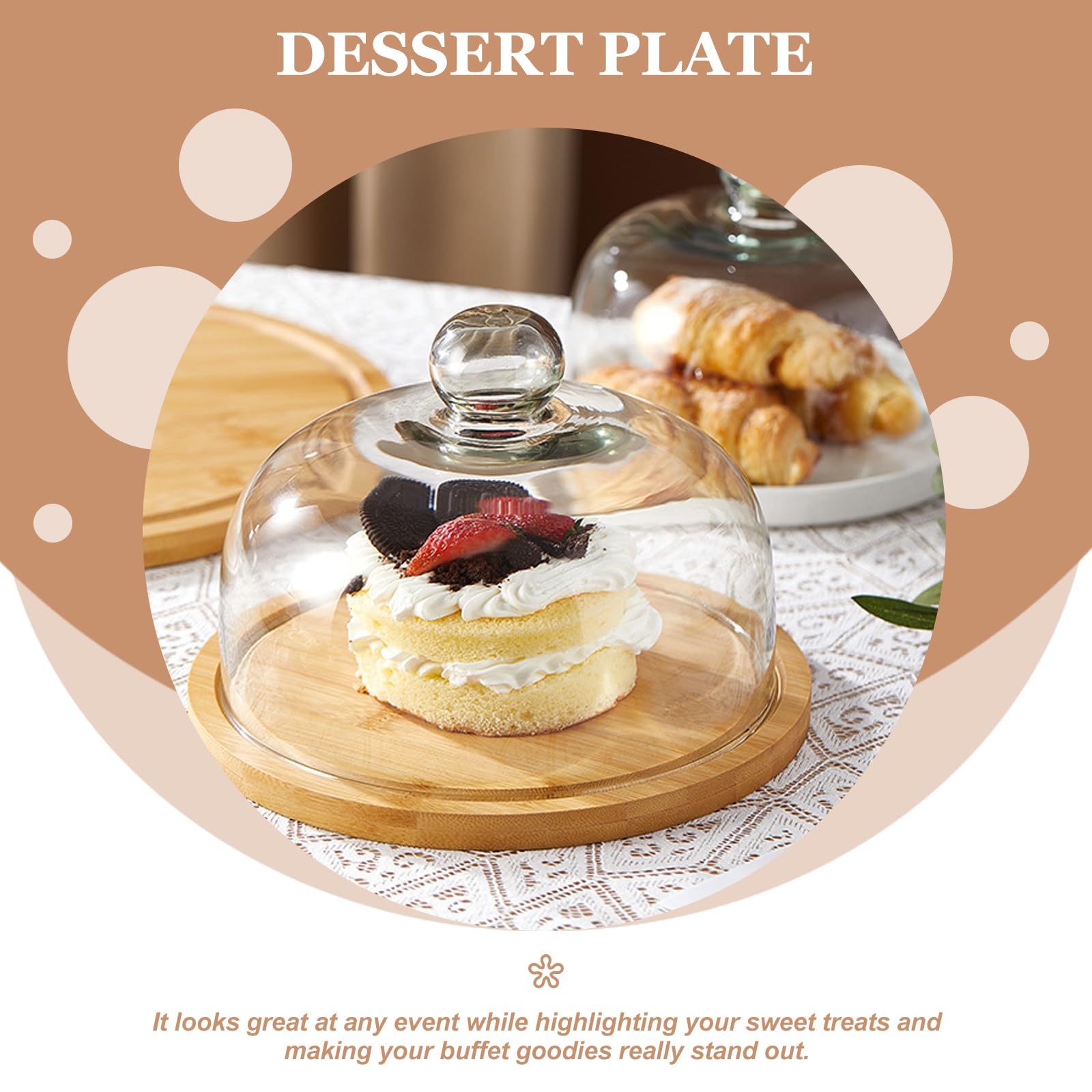 Cabilock 6.5 Inch Wooden Cake Stand with Glass Dome - Round Clear Cloche Dome Cake Plate for Dessert Display - Perfect for Cakes, Pastries, Cheese & Party Food Serving at Weddings, Tea Parties and Bakery Displays
