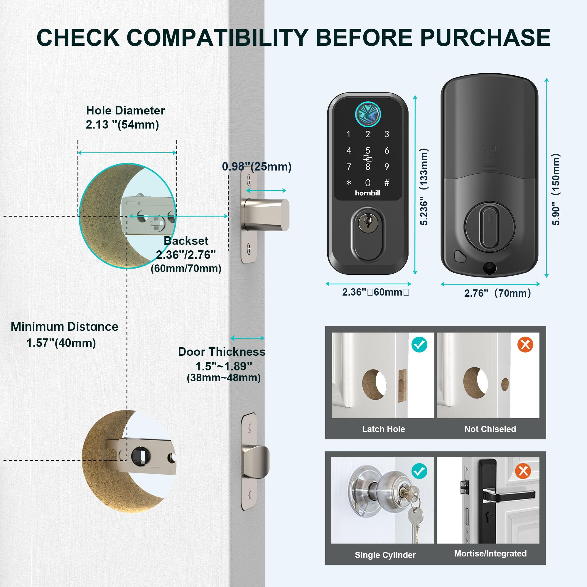 Hornbill Keyless Entry Wi-Fi Smart Lock with Fingerprint - Biometric Smart Deadbolt for Front Door & Exterior Doors - Keypad Entry & Auto-Lock - Matte Black Finish - Perfect for Rentals, Homes & Airbnbs