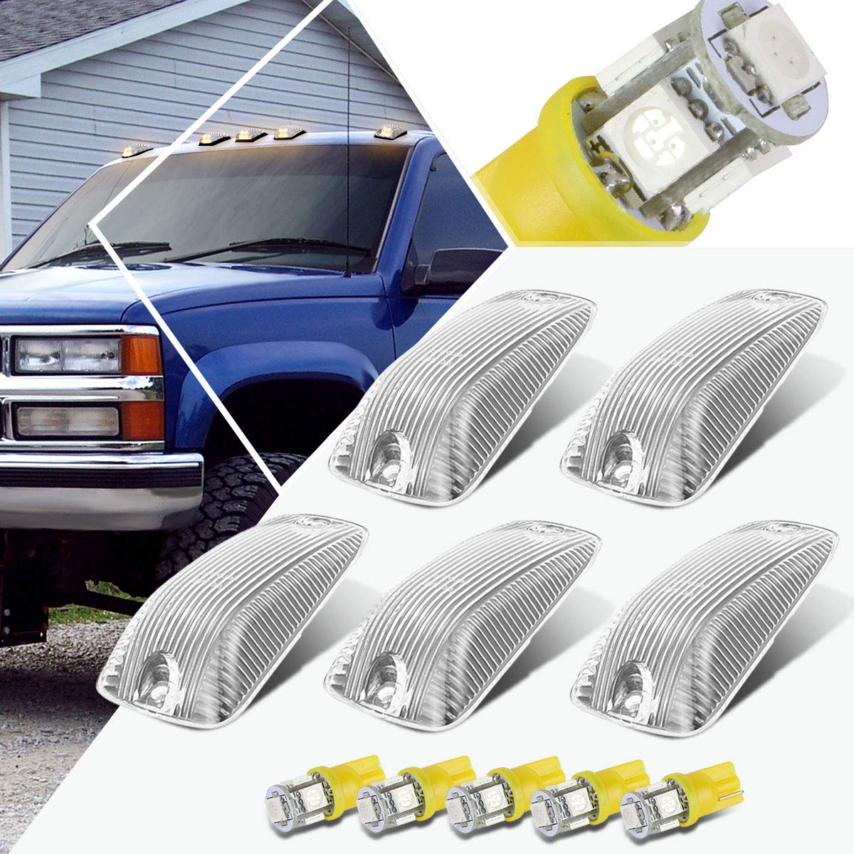 PM PERFORMOTOR 5Pcs White LED Cab Roof Running Lights Marker Lights for 88-02 Chevy/GMC C/K Trucks - Chrome Housing & Clear Lens - Durable Off-Road & Night Driving Visibility